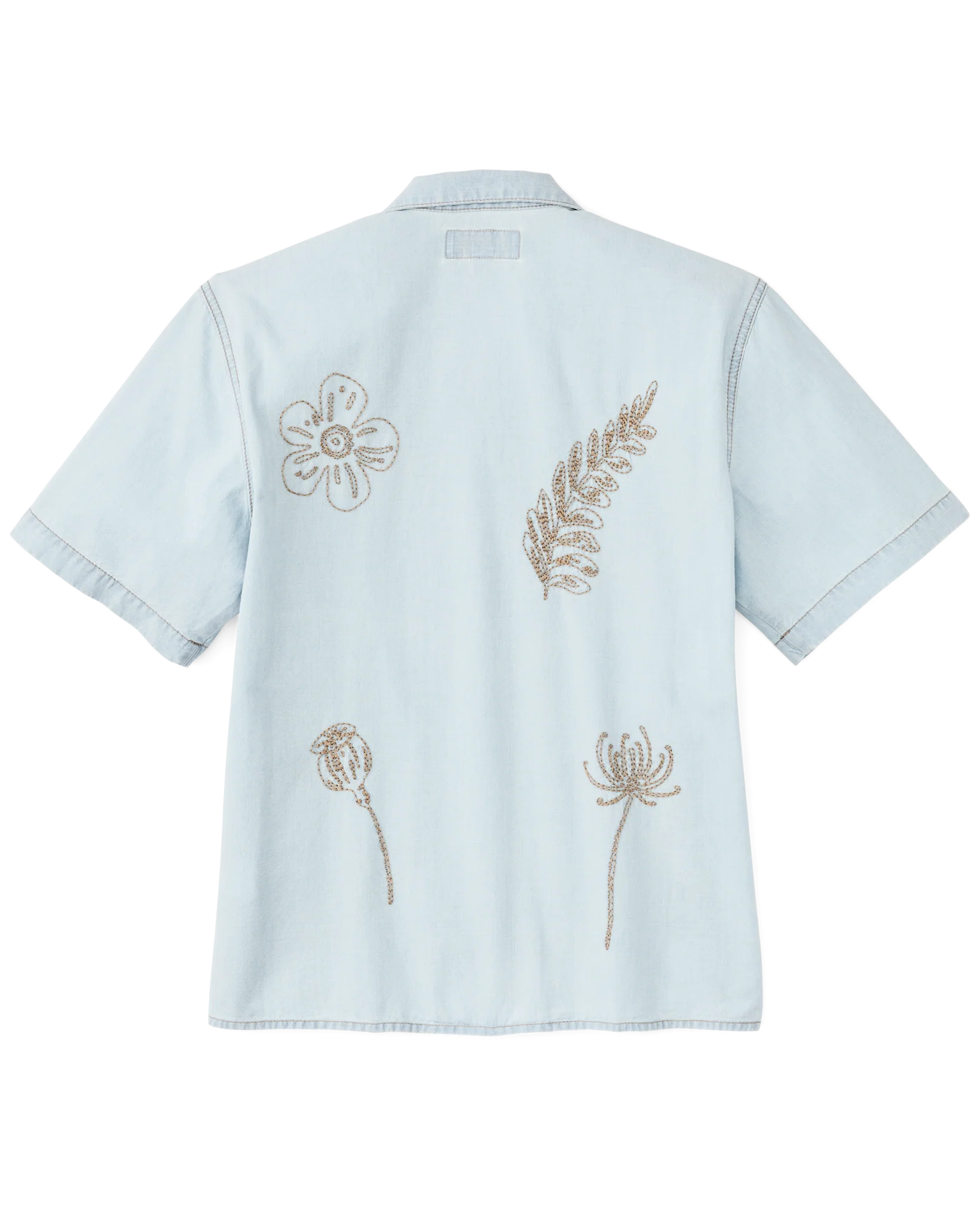 Women's Short Sleeve Embroidered Camp Shirt - Light Indigo Chambray