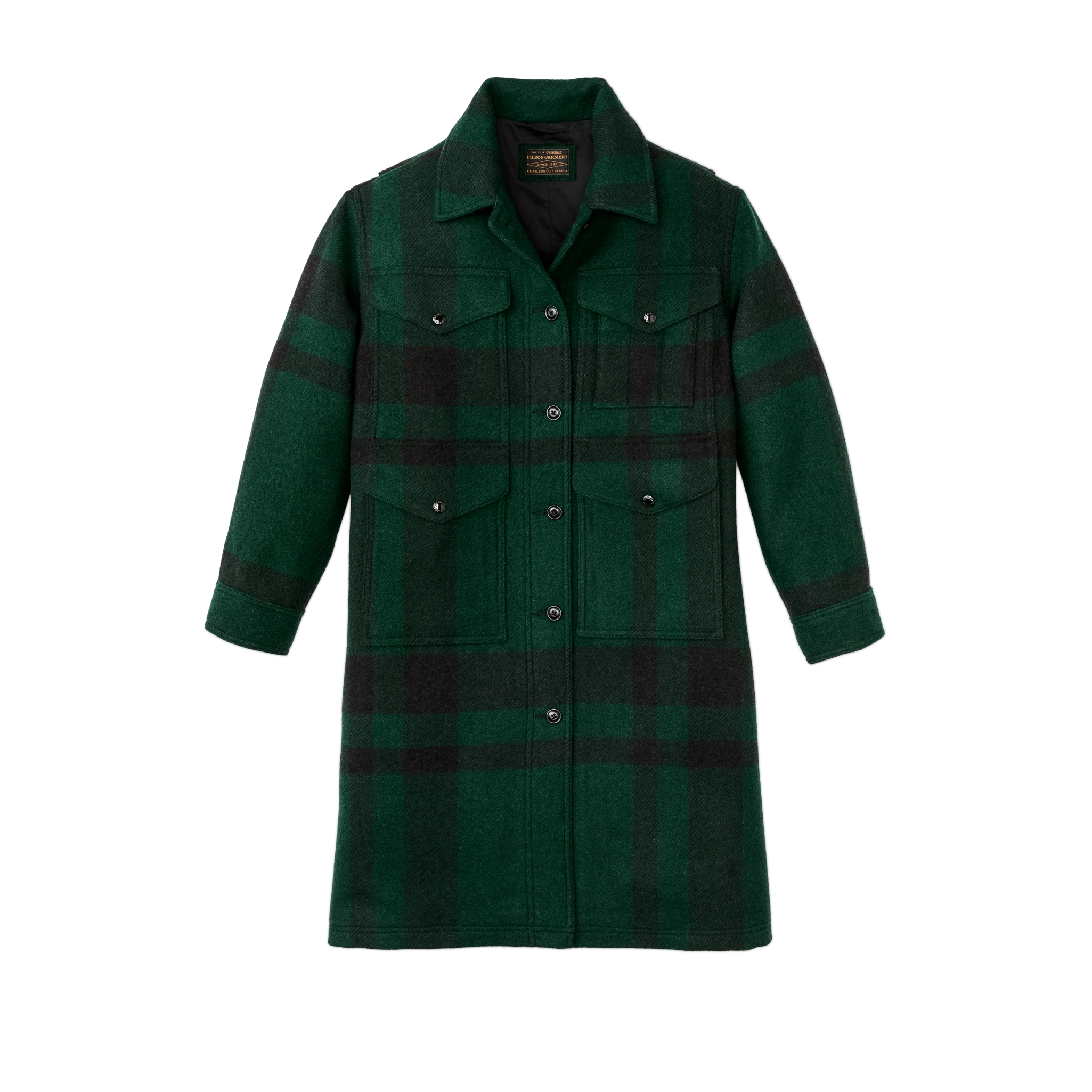 Women's Wool Long Cruiser Coat - Otter Green / Black Plaid