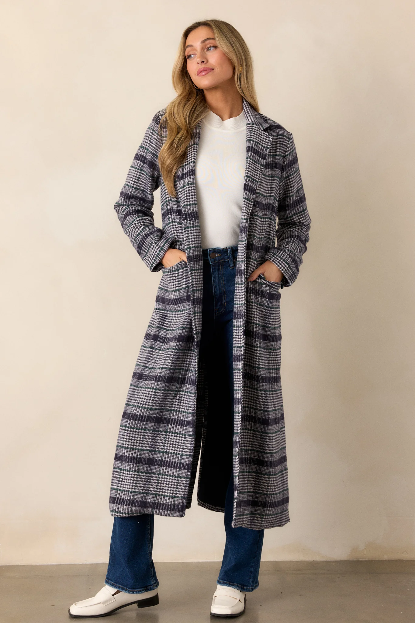 Fireside Chats Navy Plaid Trench Coat