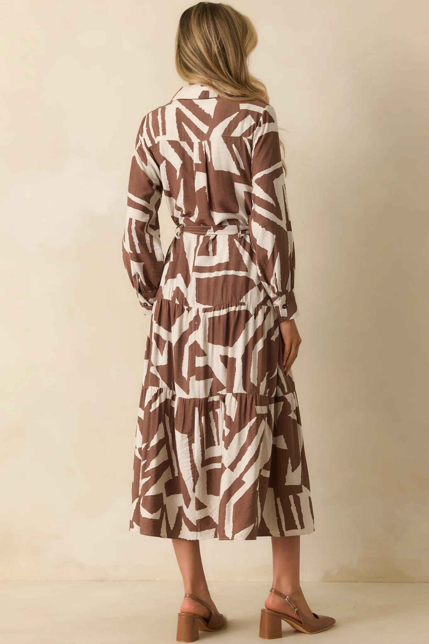 Straight To The Point Brown Abstract Print Belted Maxi Shirt Dress
