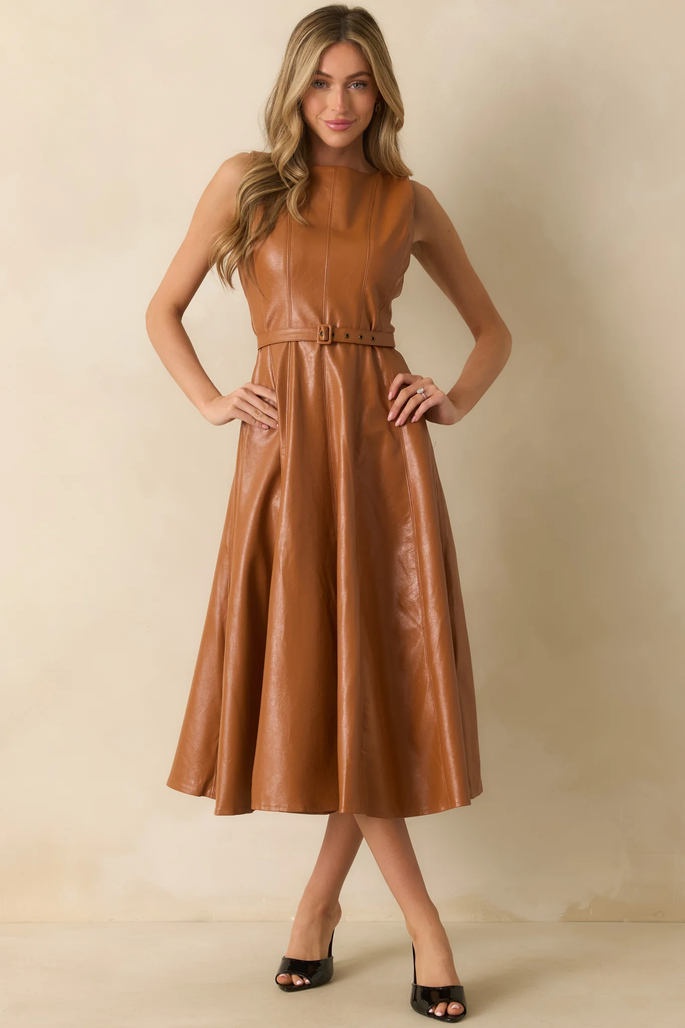 Caramel Brown Faux Leather Belted Maxi Dress
