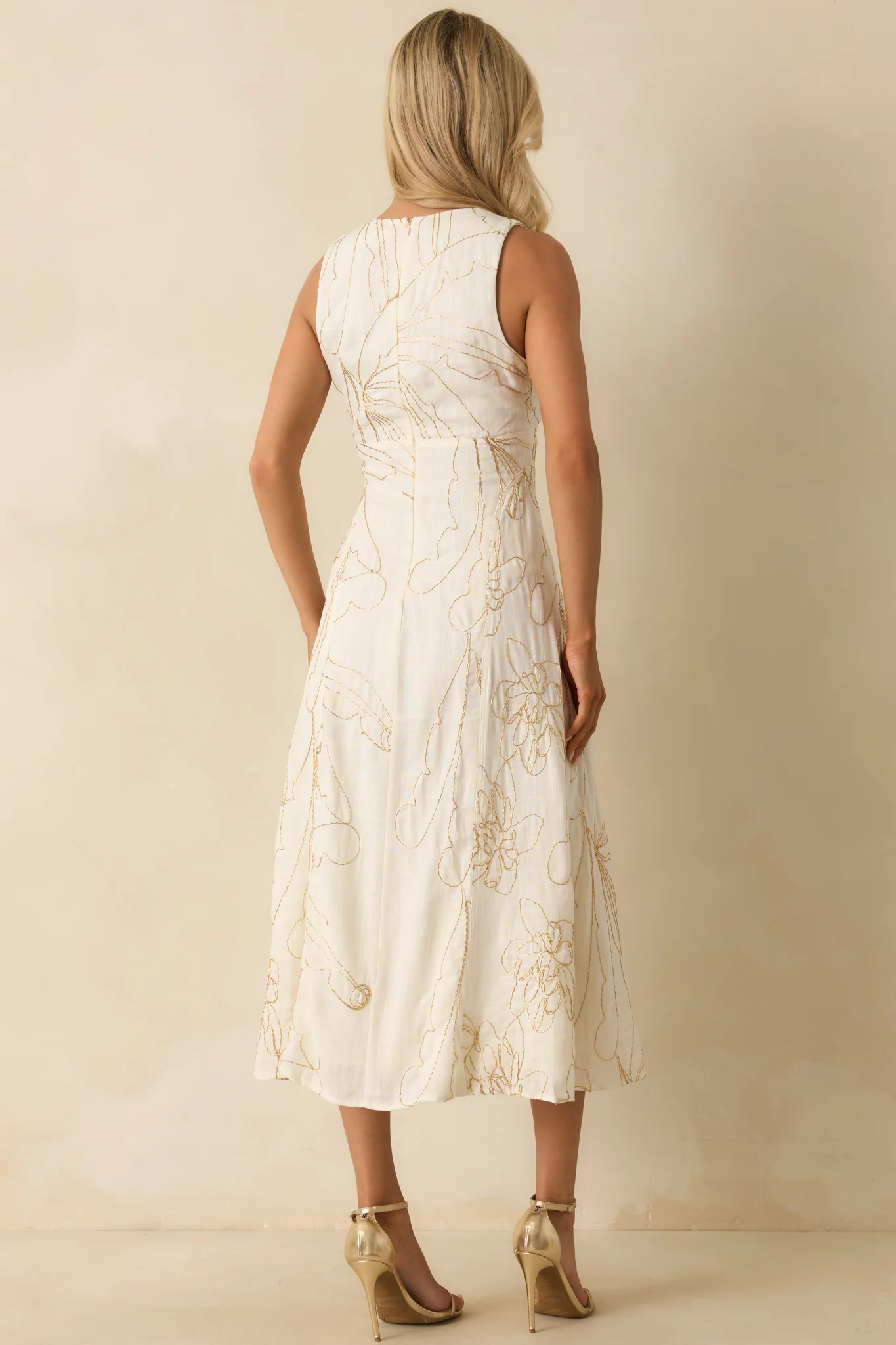To Be Clear Ivory Gold Bead Embroidered Floral Print Midi Dress