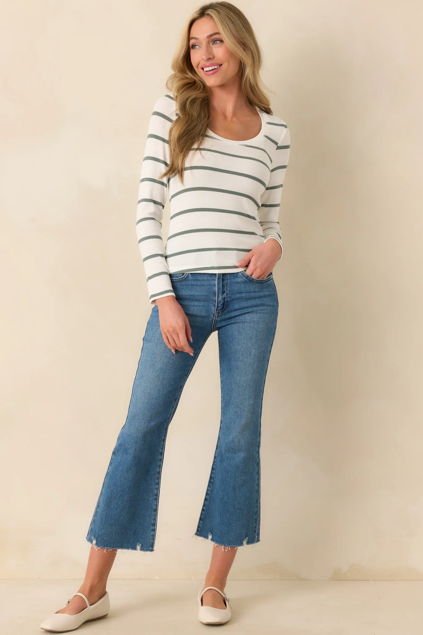 Always In Rotation Sage Green Stripe Long Sleeve Top