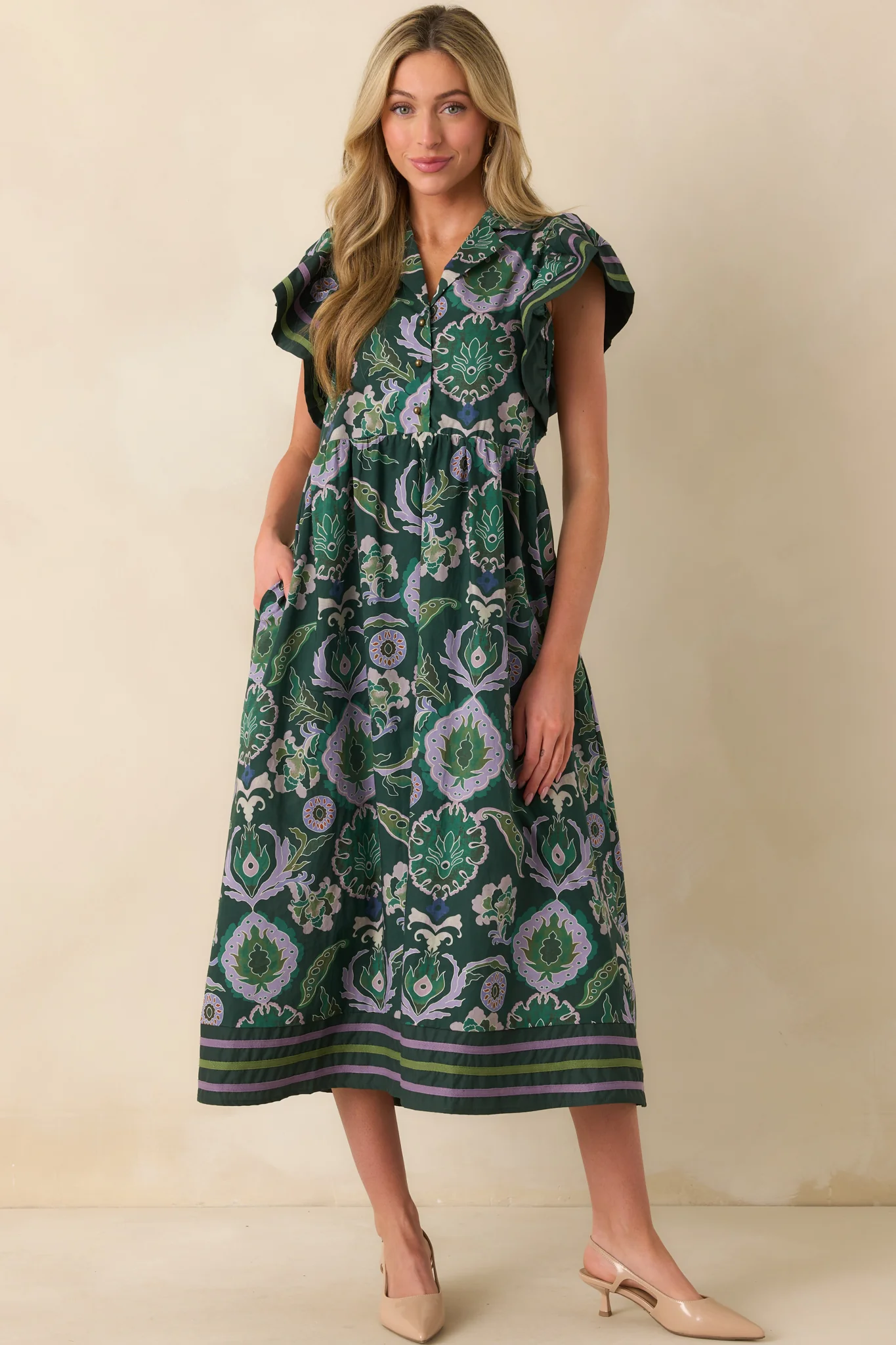 Still Thinking About Her Green Multi Print Cotton Midi Dress
