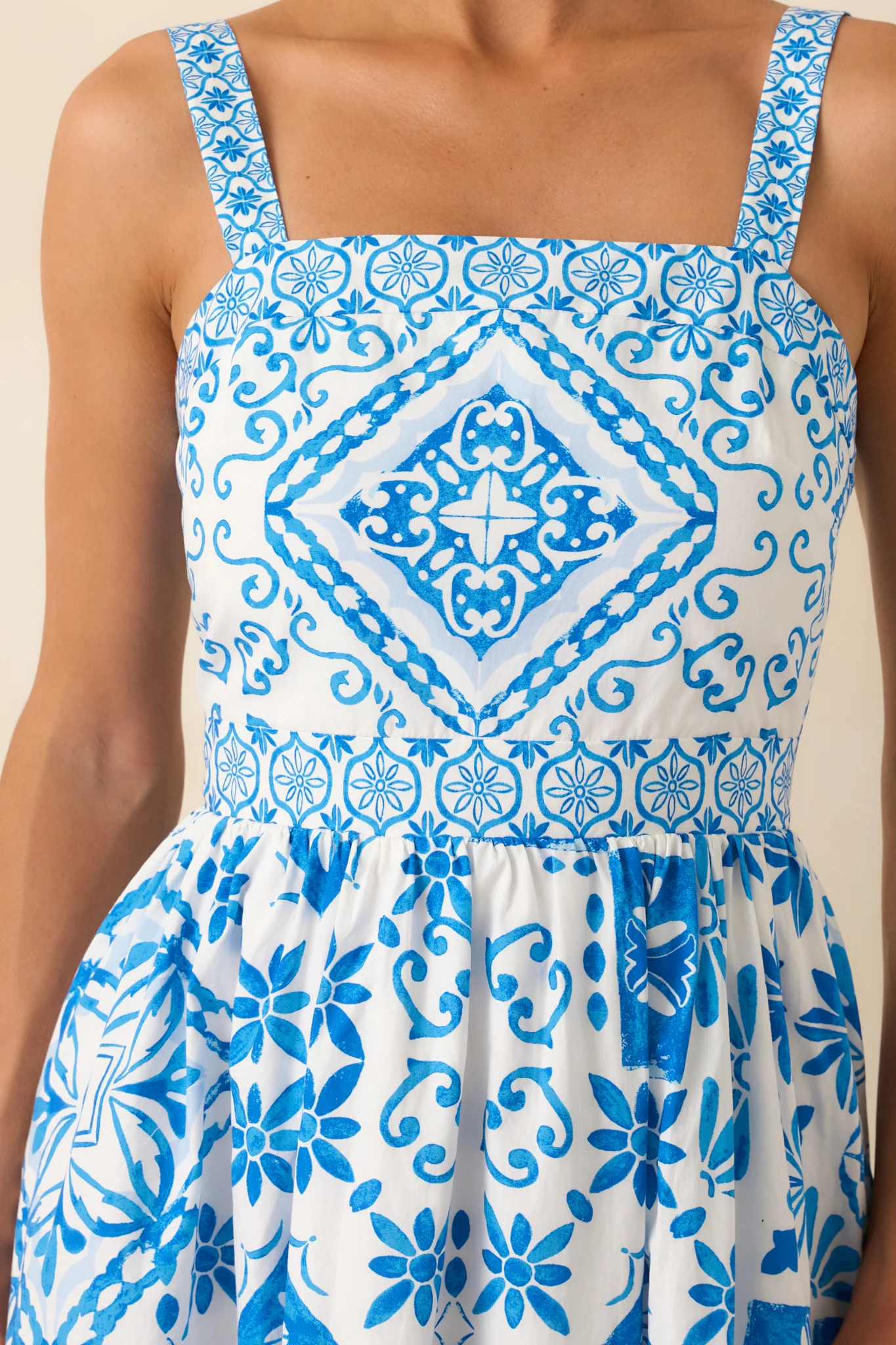 Prosperina Lydia Blue Tile Print Cotton Midi Dress