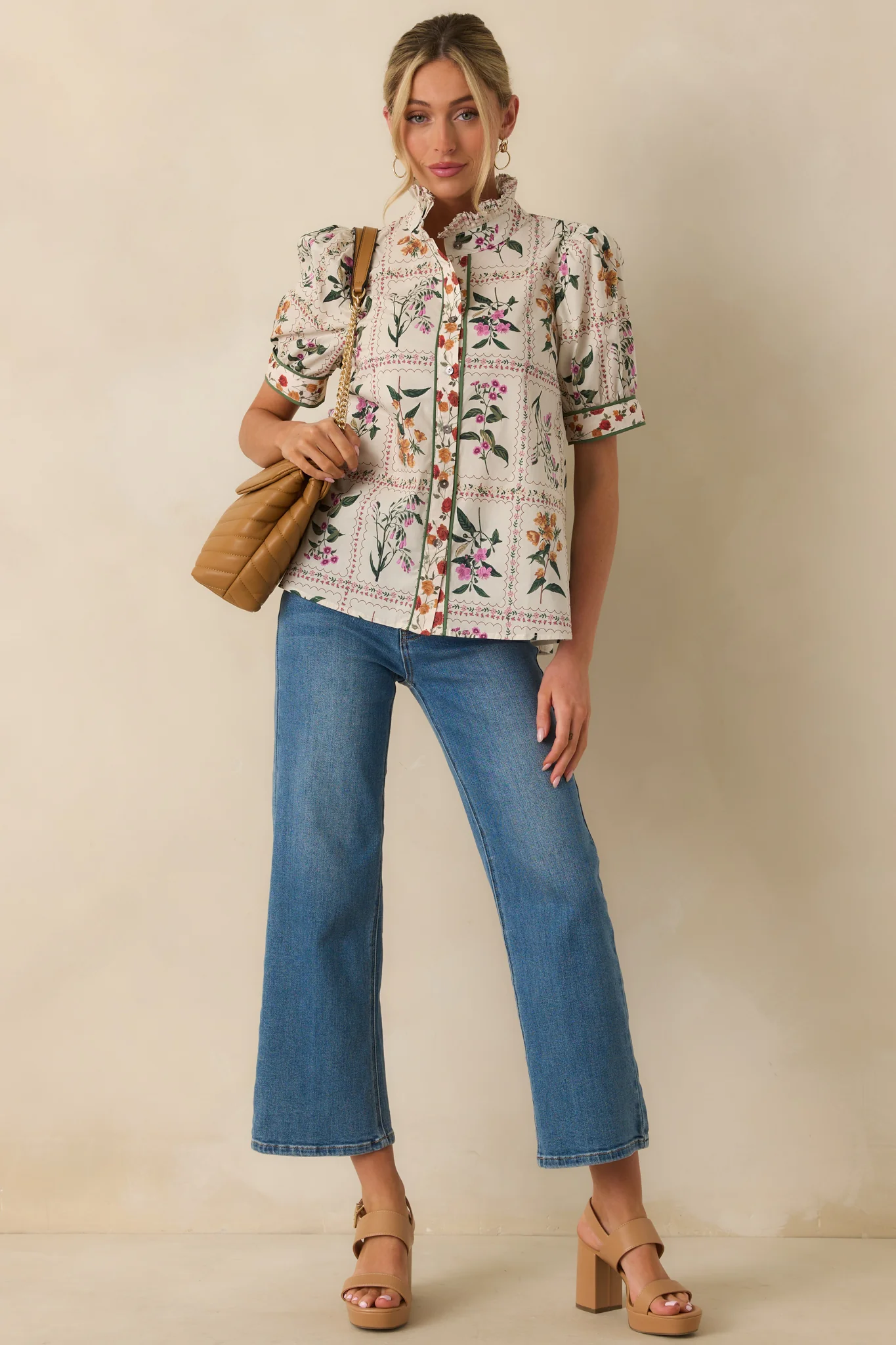 Full Of Light Ivory Multi Floral Print Cotton Button Up Top