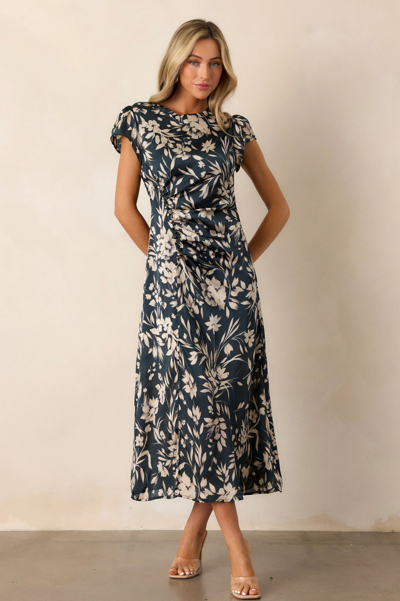 Silver Springs Dark Teal Floral Satin Midi Dress
