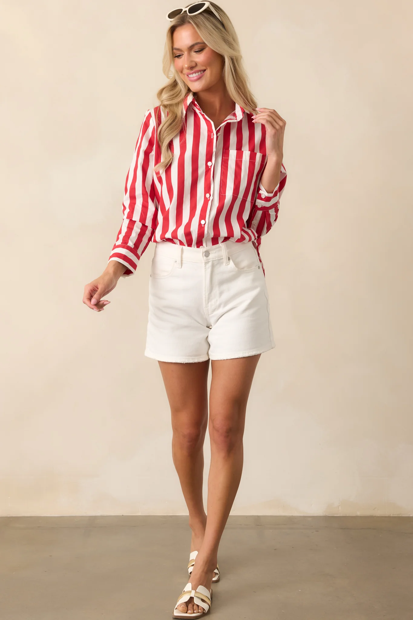 Prosperina Paula Red Stripe Cotton Button Front Top