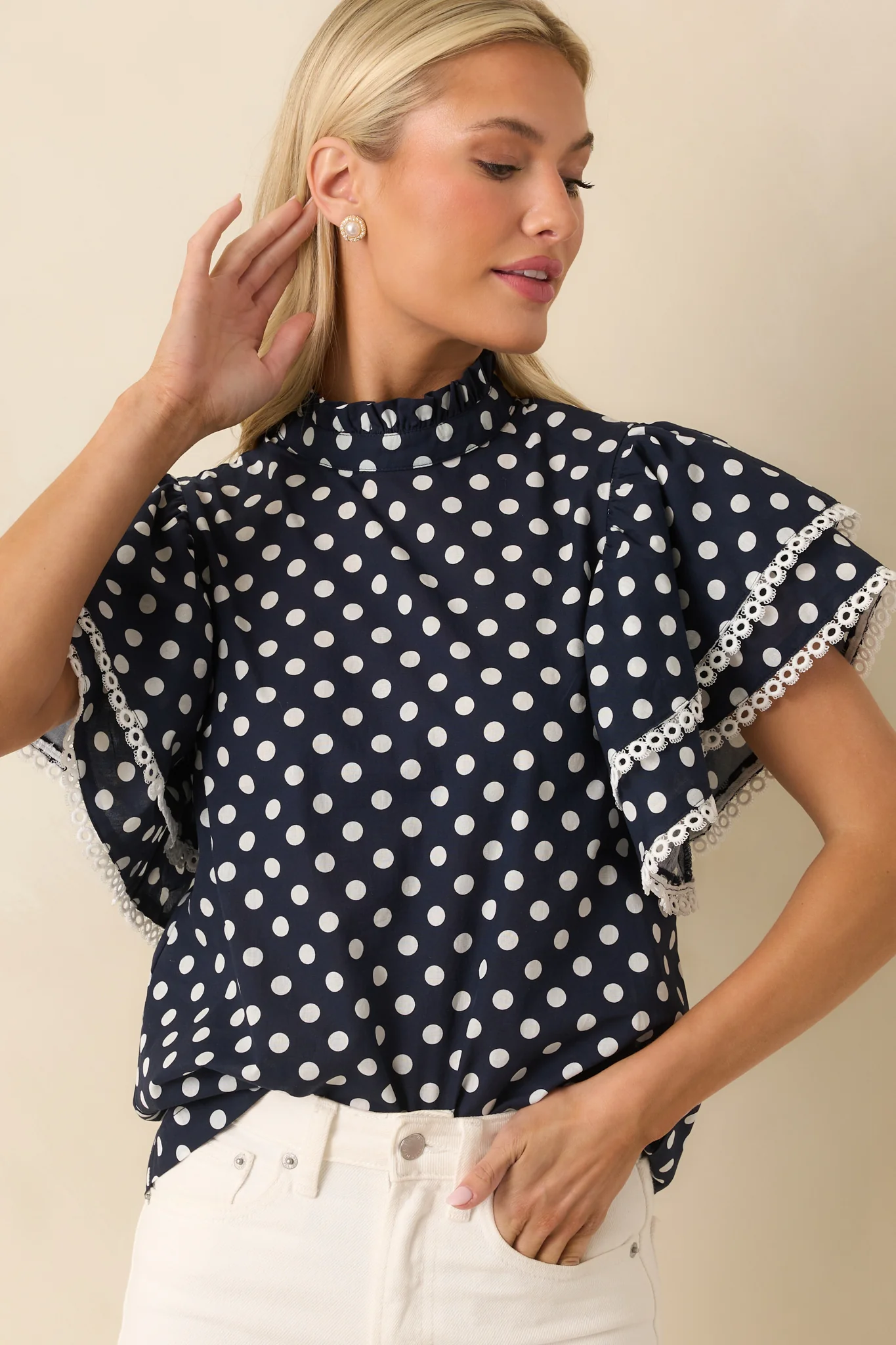 Prosperina Blair Navy Polka Dot Cotton Ruffle Top