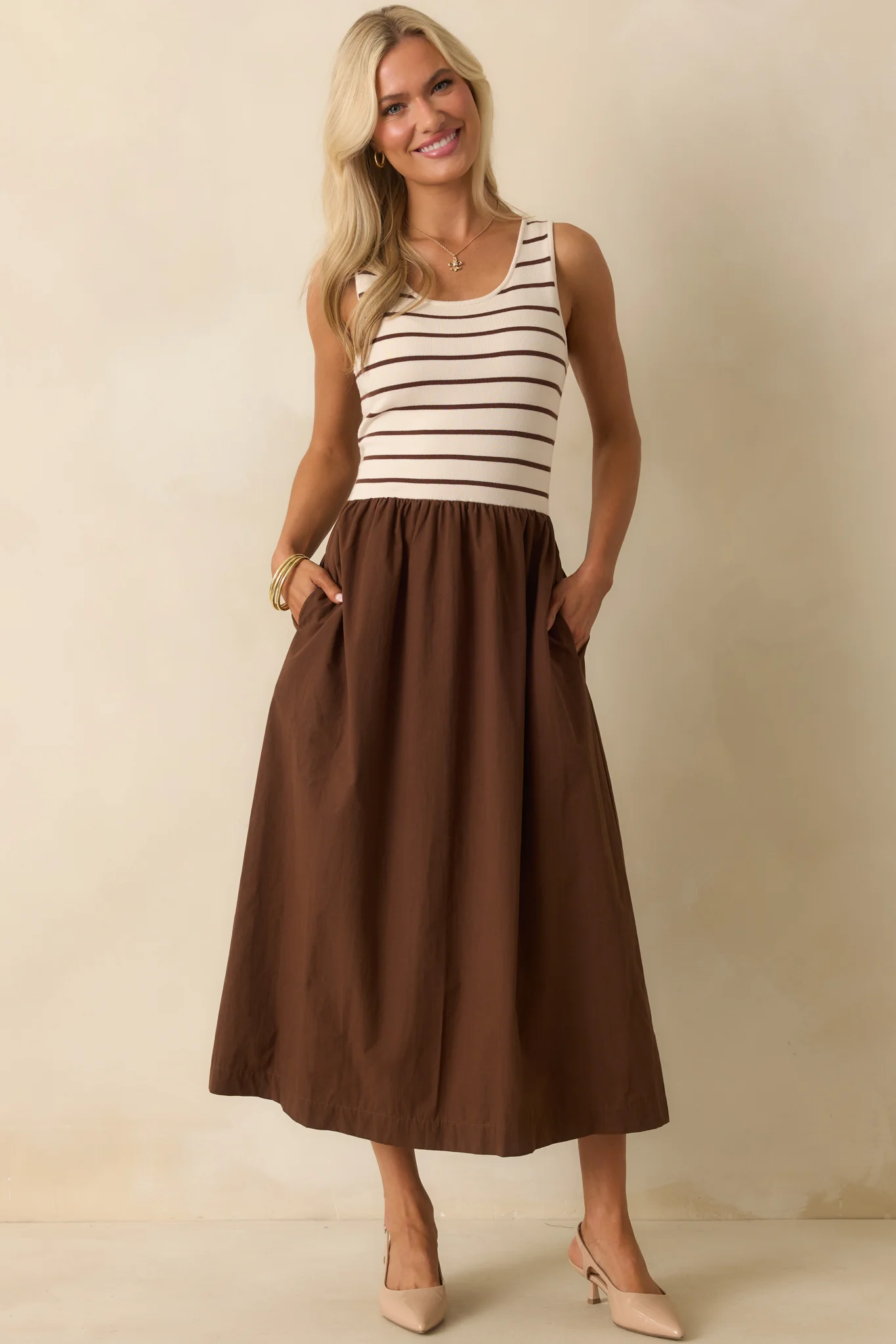 It's In The Books Brown Stripe Knit Bodice Maxi Dress