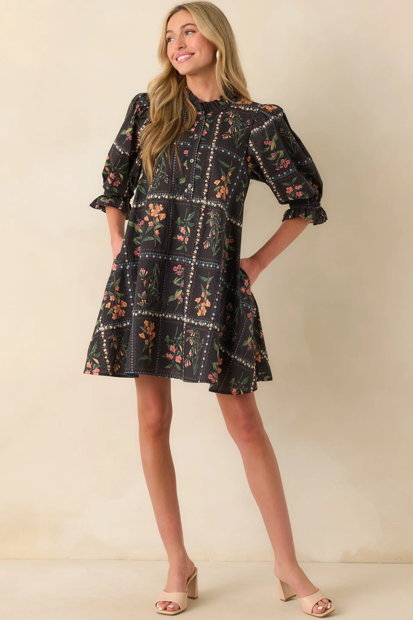 Do It Just For You Black Multi Floral Print Cotton Mini Dress