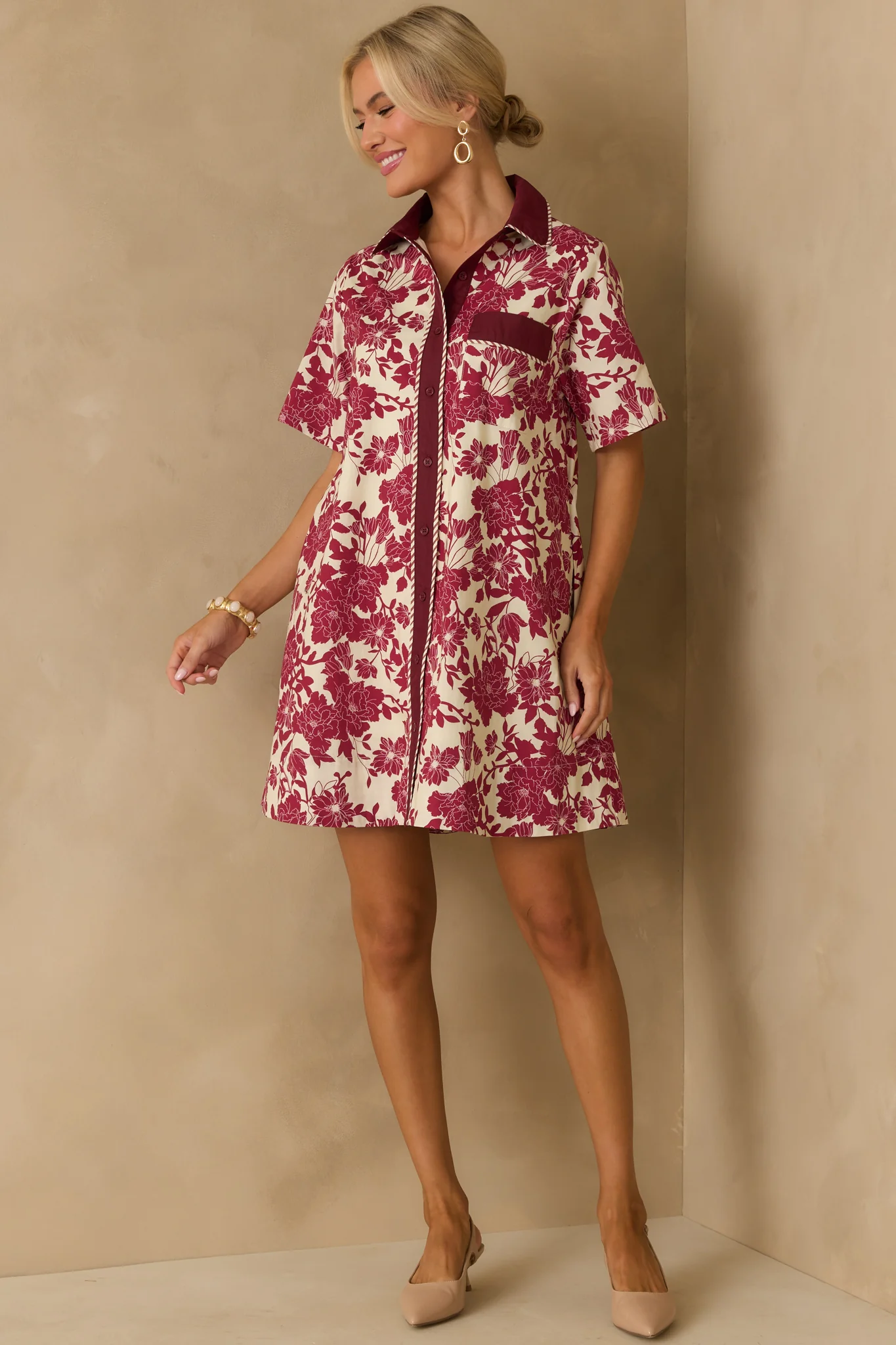 Right Where I Belong Burgundy Multi Floral Print Mini Shirt Dress