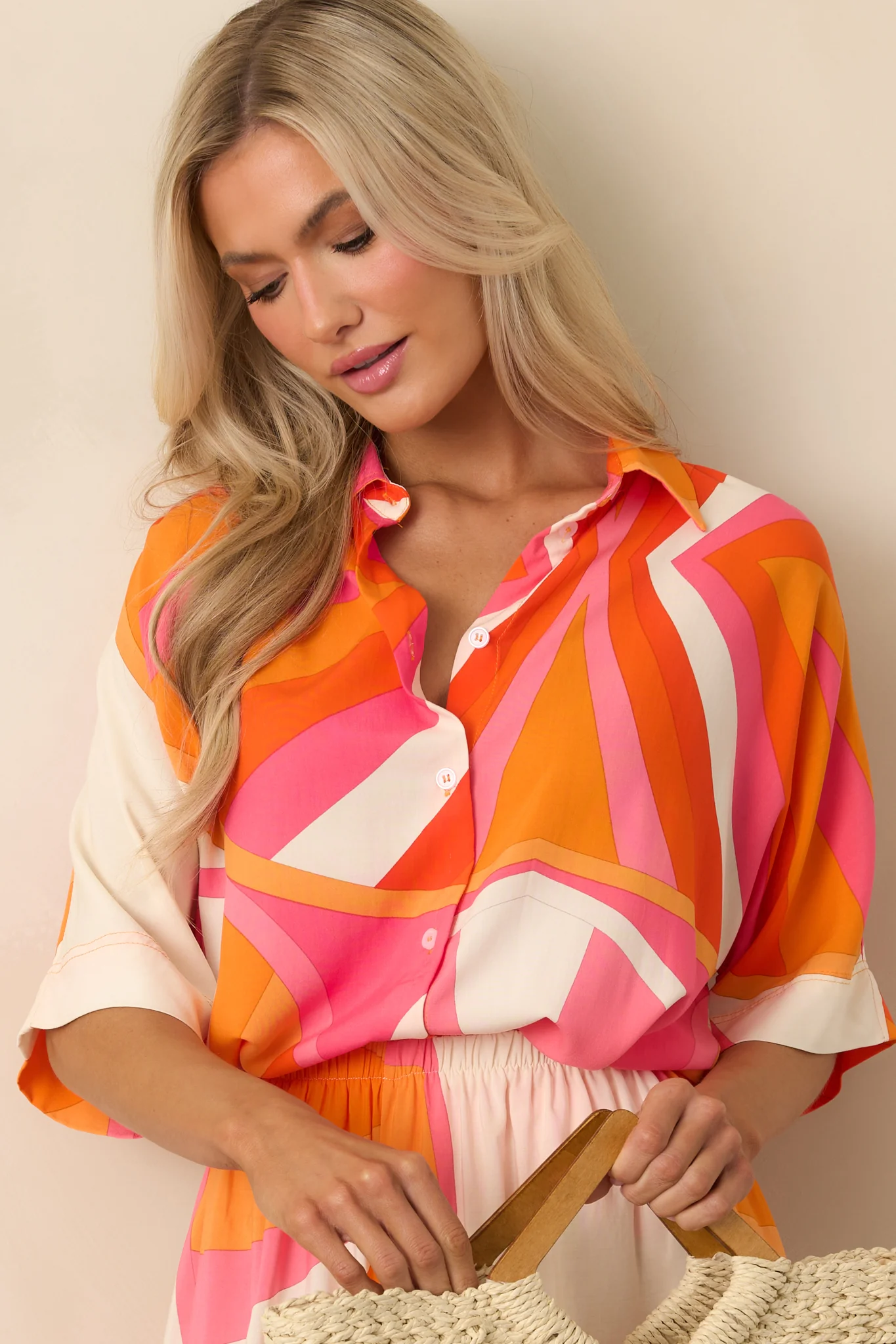 No Map Needed Orange Geometric Print Rayon Button Front Top