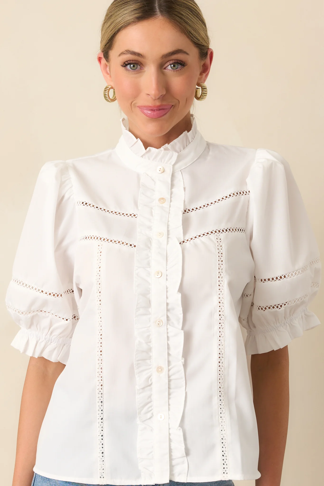 Taking The Scenic Route Ivory Eyelet Ruffle Half Sleeve Top