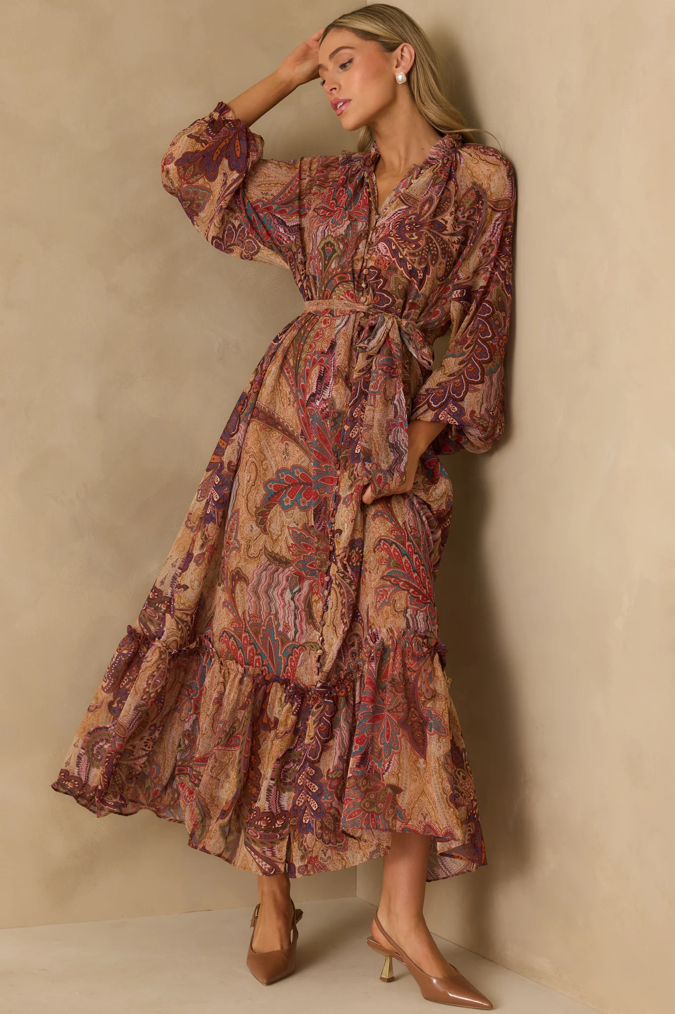 Point Taken Burgundy Multi Paisley Print Chiffon Maxi Dress
