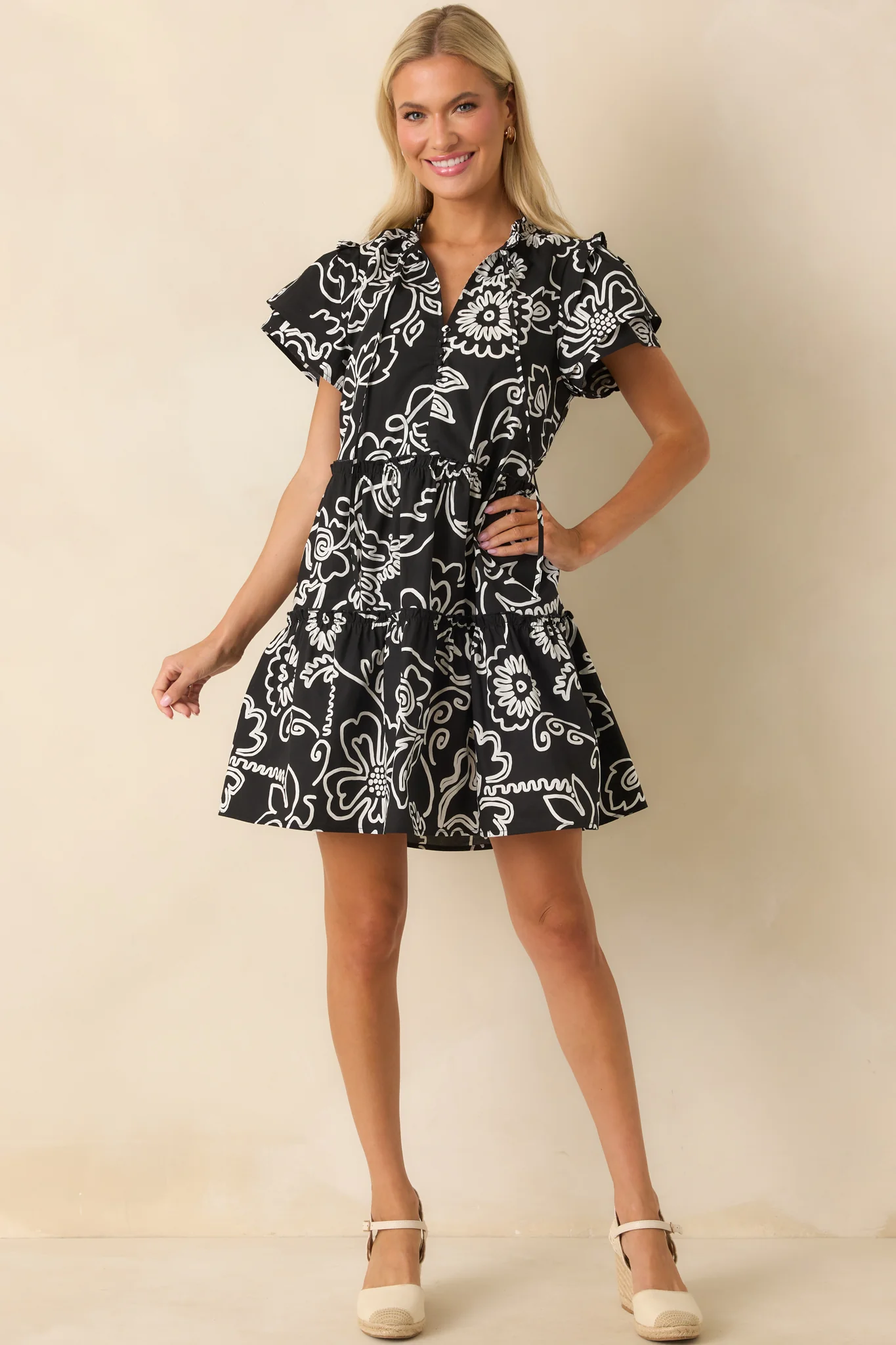 Go Your Way Black Floral Print Cotton Flutter Sleeve Mini Dress