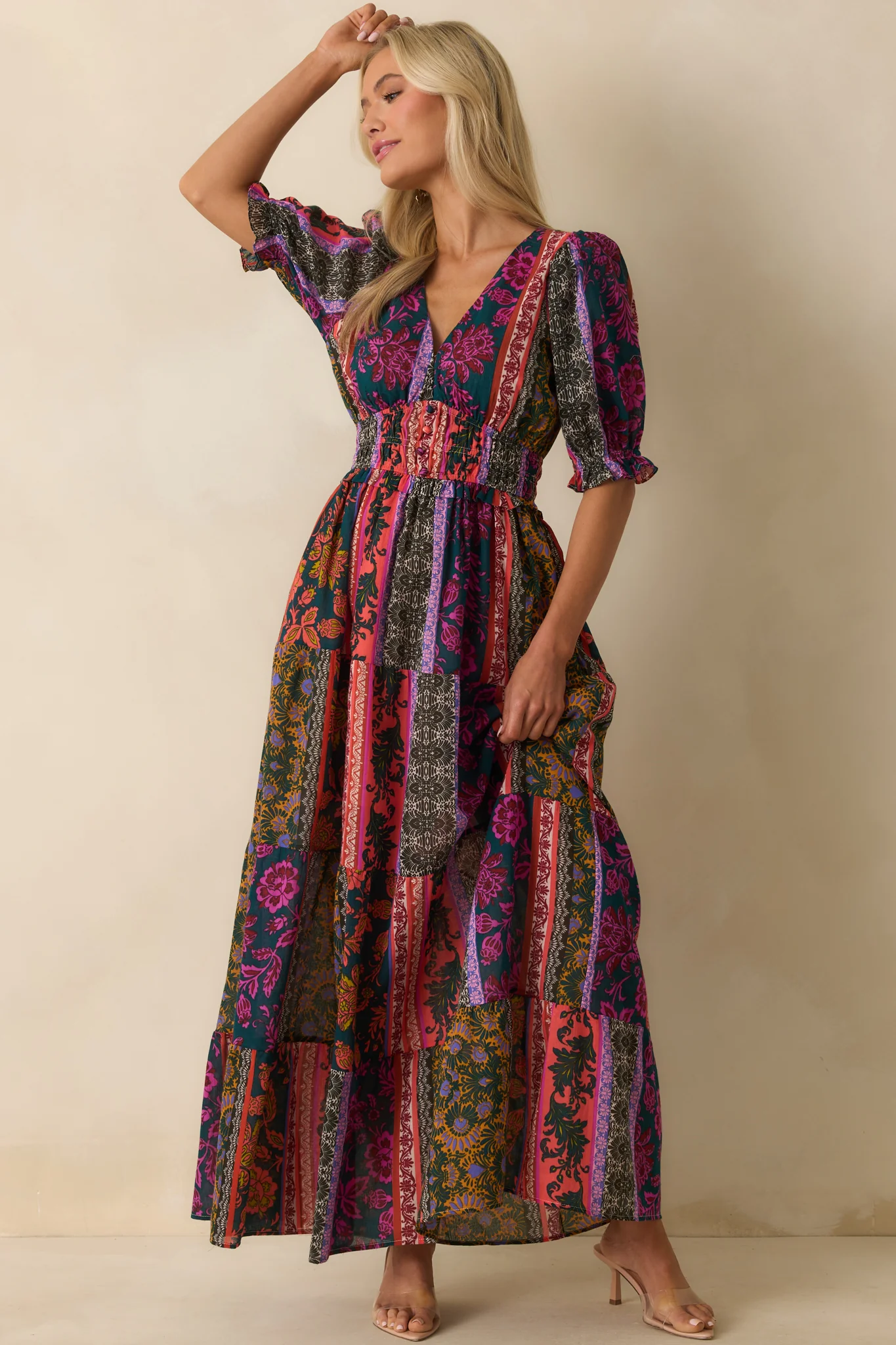 Dream A Little Dark Teal Multi Patchwork Print Cotton Maxi Dress