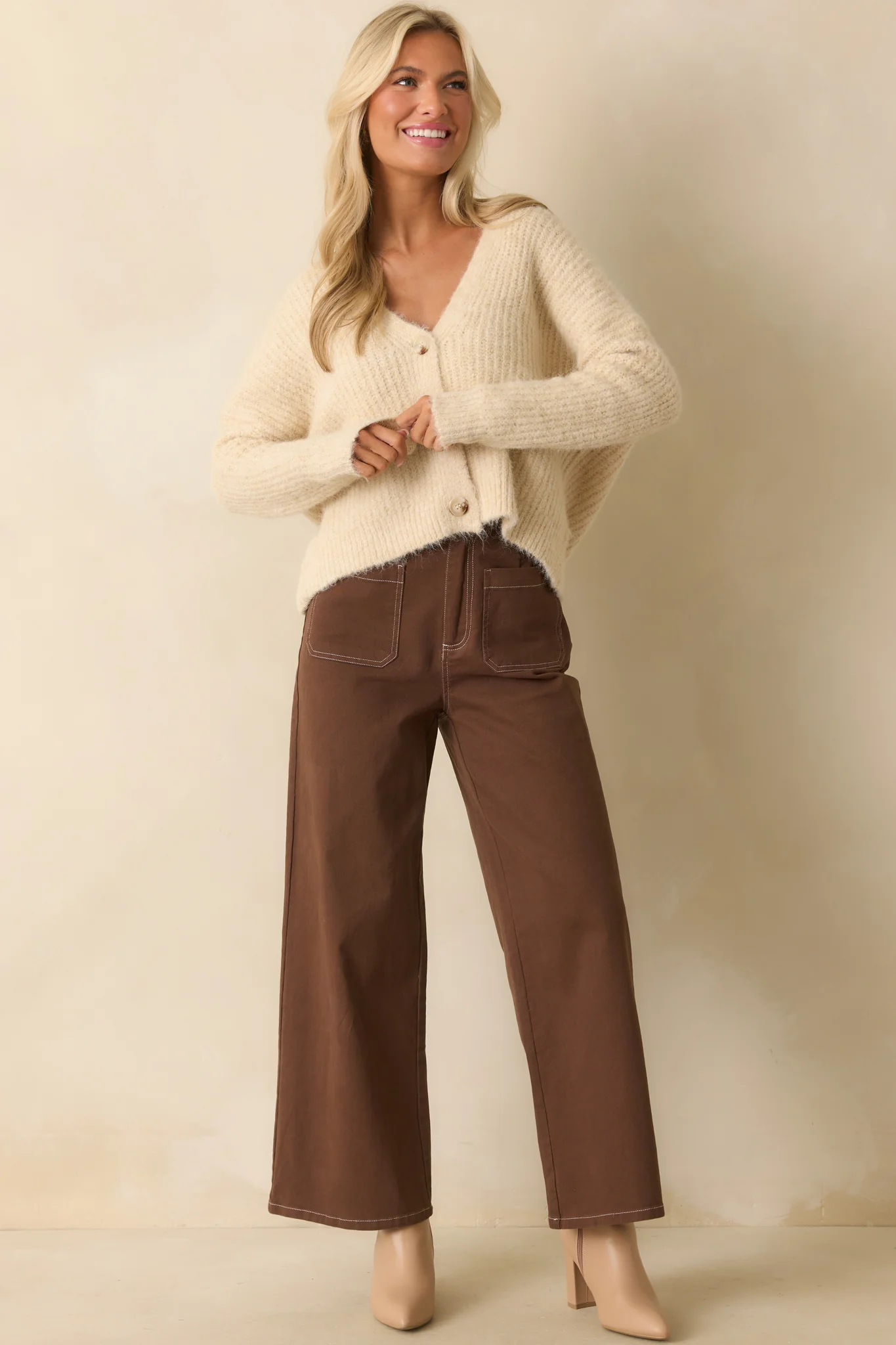 What Makes Sense Brown Cotton Contrast Stitch Wide Leg Pants