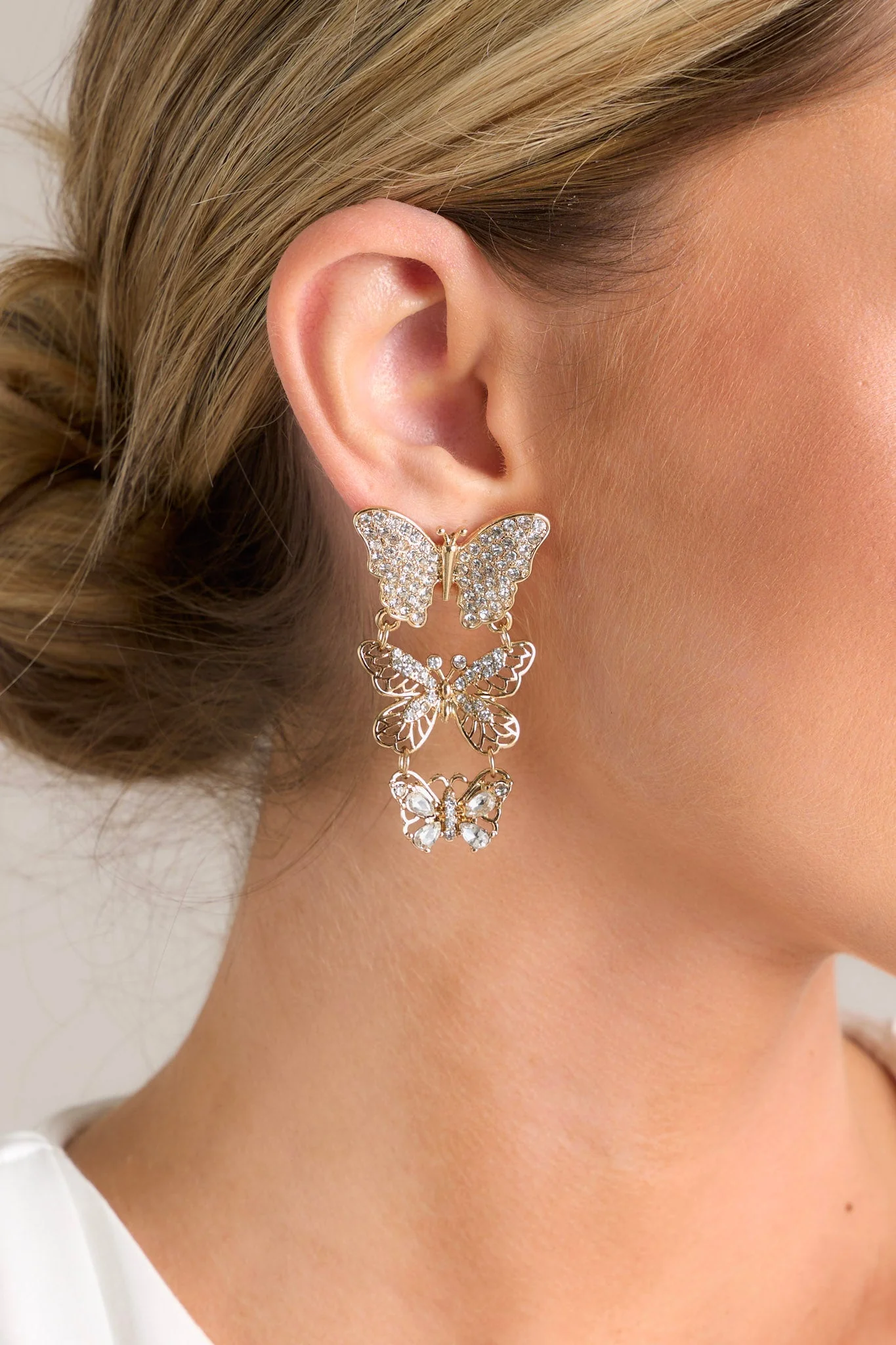 Monarch Majesty Gold Rhinestone Butterfly Drop Earrings