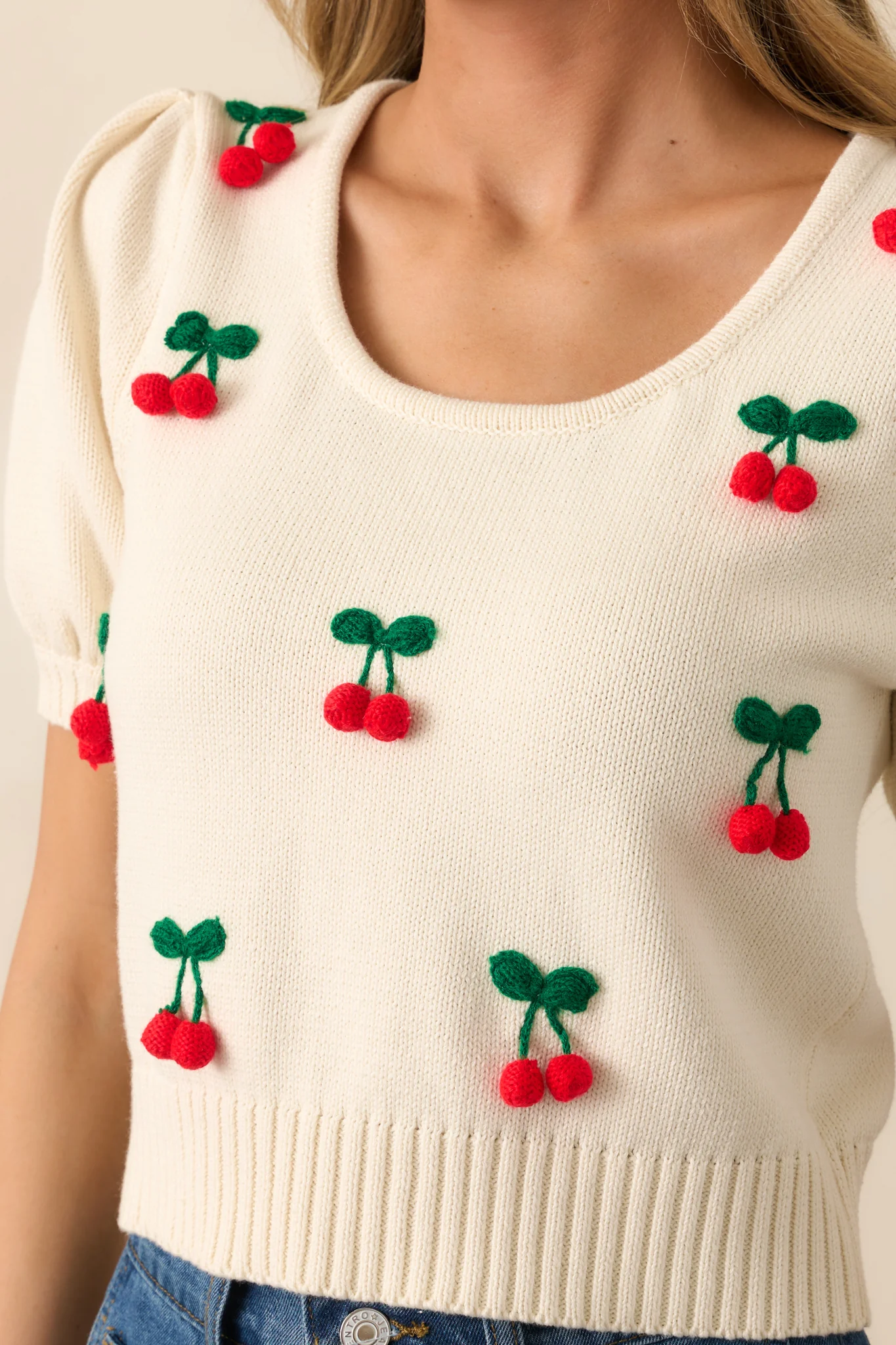 As The Story Unfolds Ivory Cherry Embroidered Knit Top