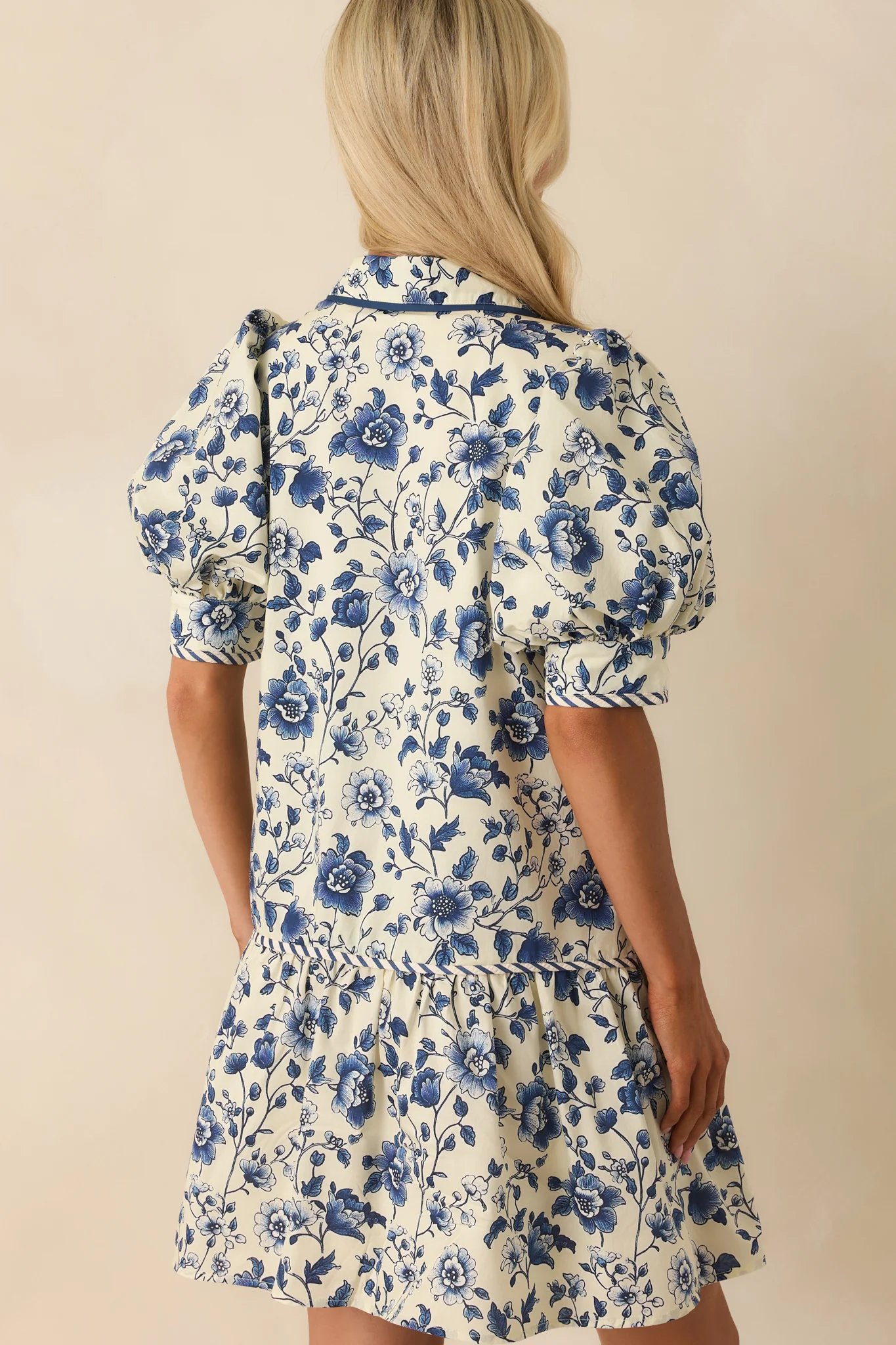 As It Happens Navy Floral Print Cotton Puff Sleeve Mini Dress