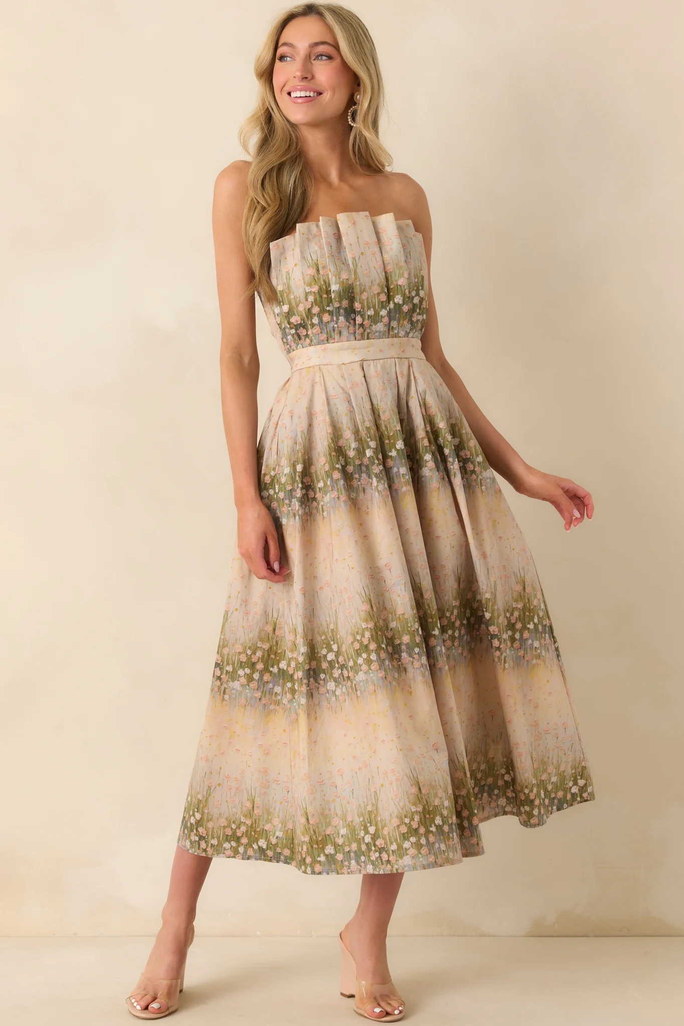 The Genevieve Beige Floral Print Cotton Strapless Midi Dress
