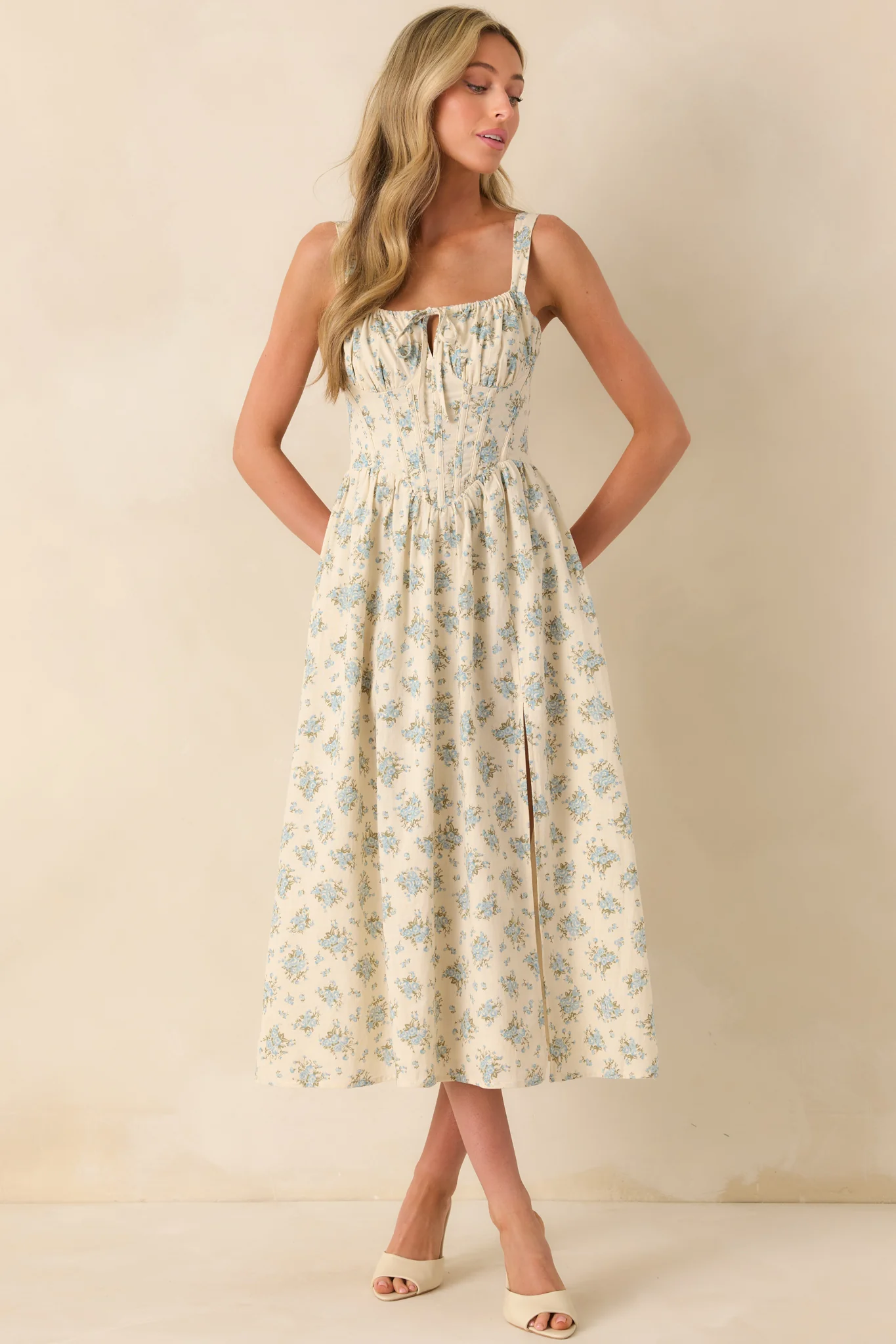 Elegance With Edge Light Blue Floral Print Cotton Midi Dress