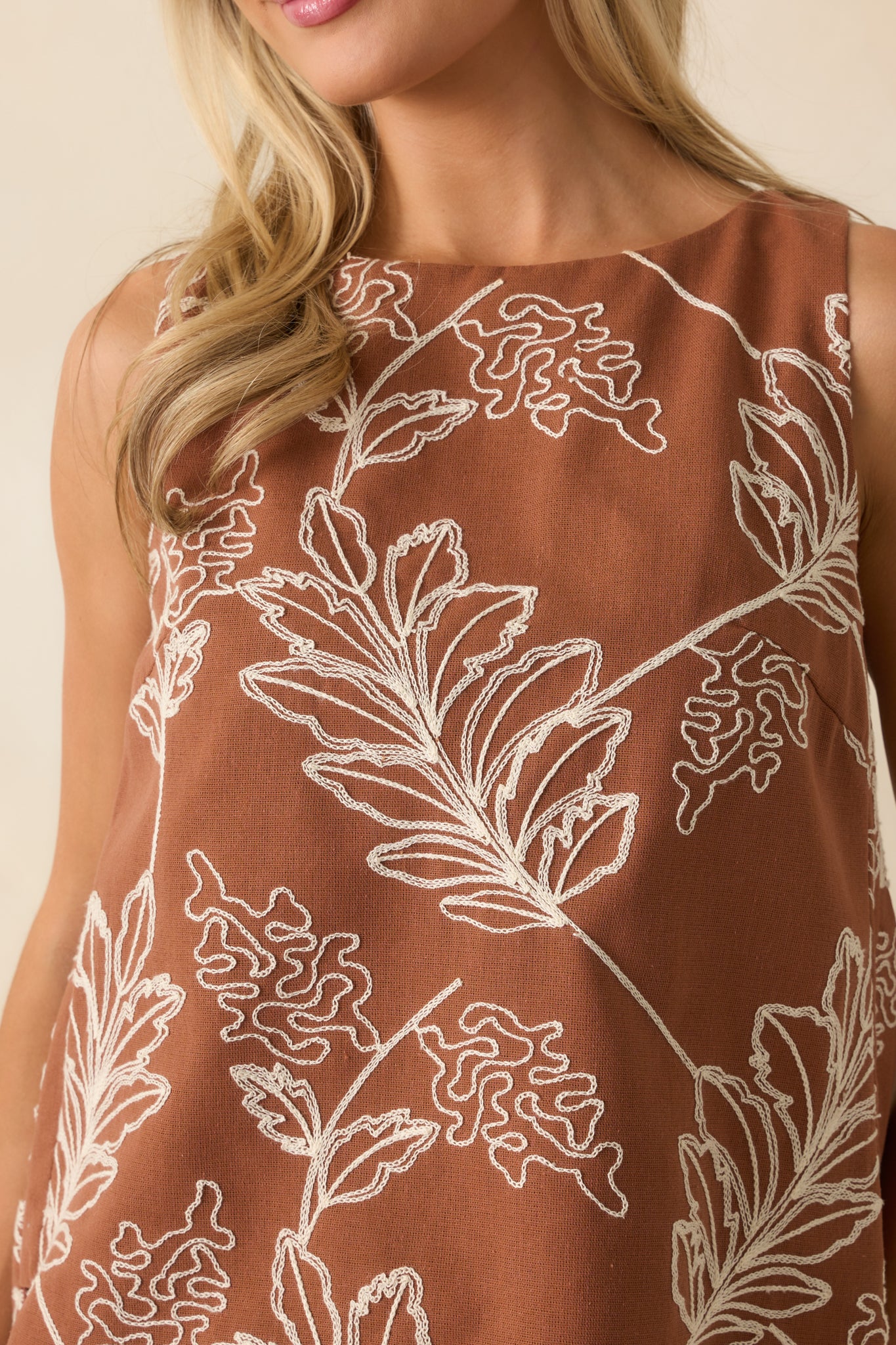 It Just Clicked Brown Cotton Floral Embroidered Sleeveless Top