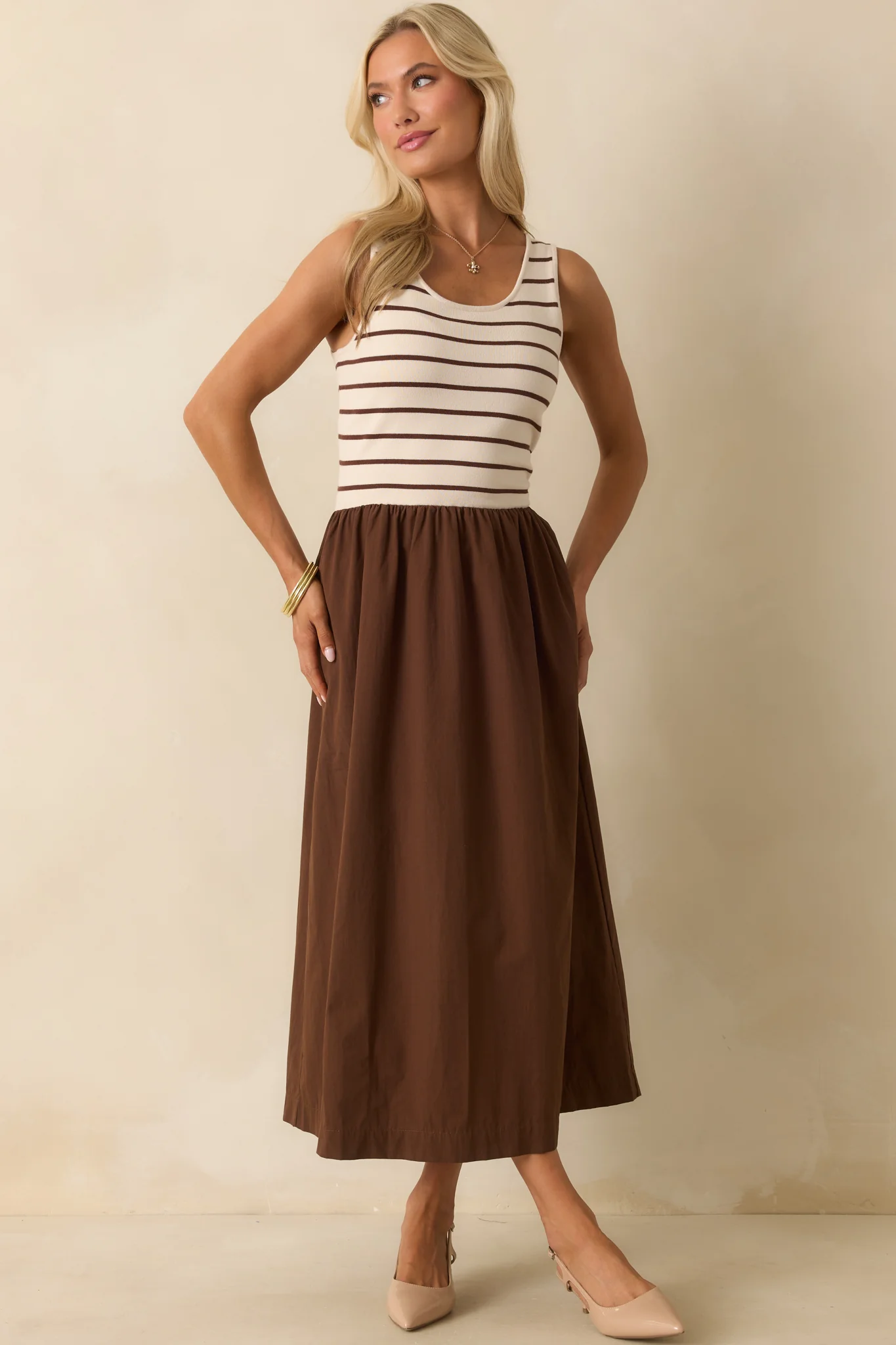 It's In The Books Brown Stripe Knit Bodice Maxi Dress