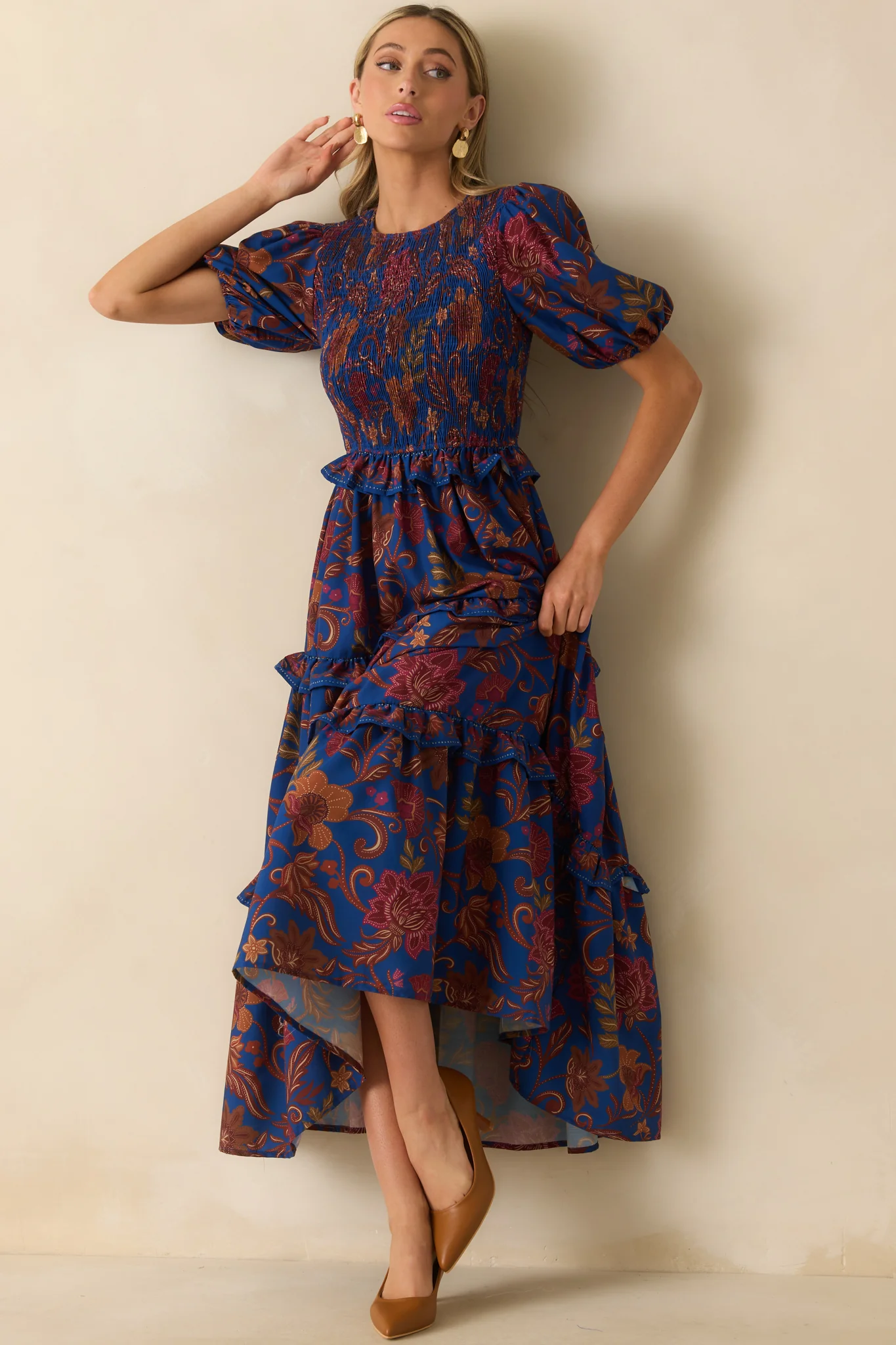 Navy Multi Floral Print Puff Sleeve Maxi Dress