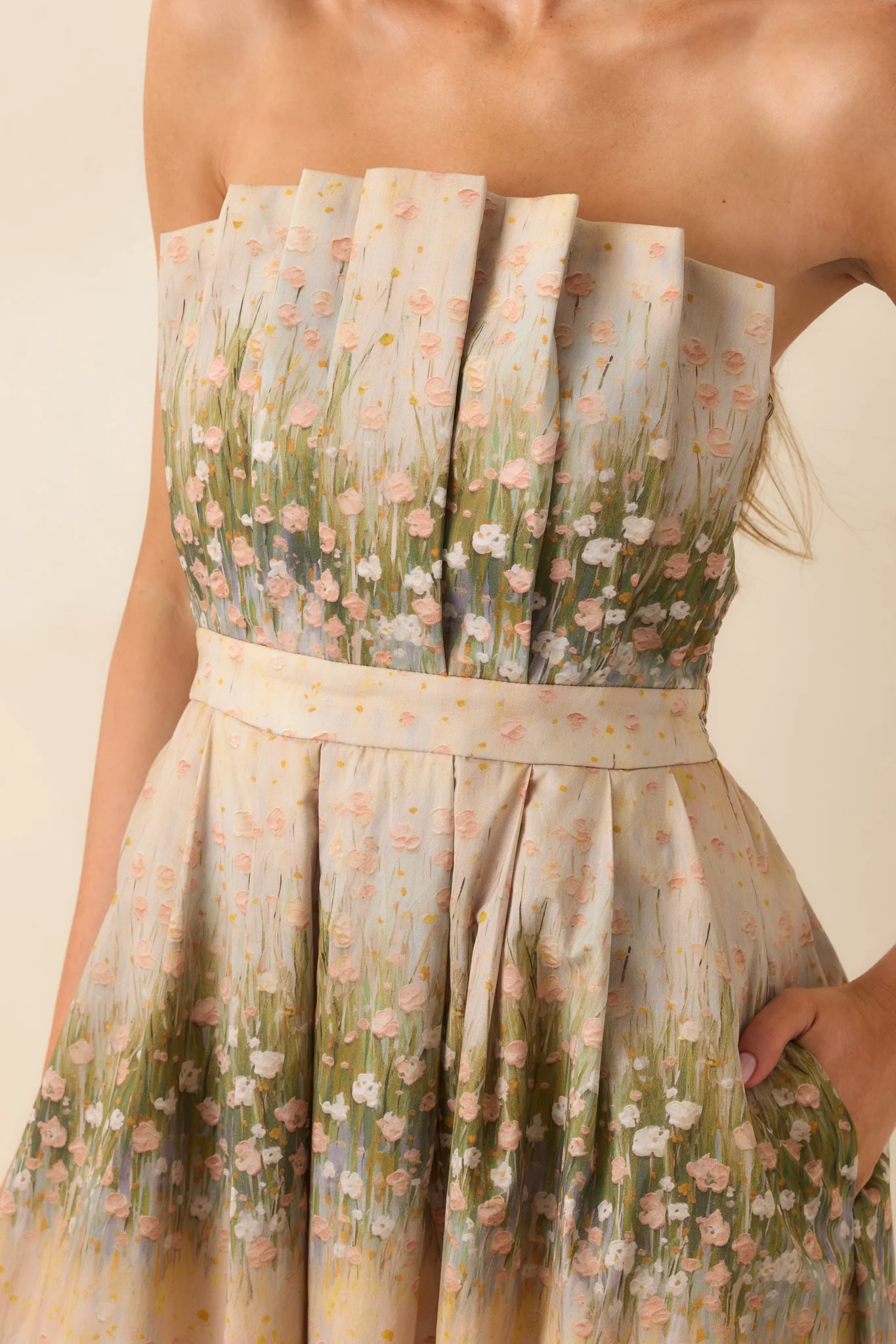 The Genevieve Beige Floral Print Cotton Strapless Midi Dress