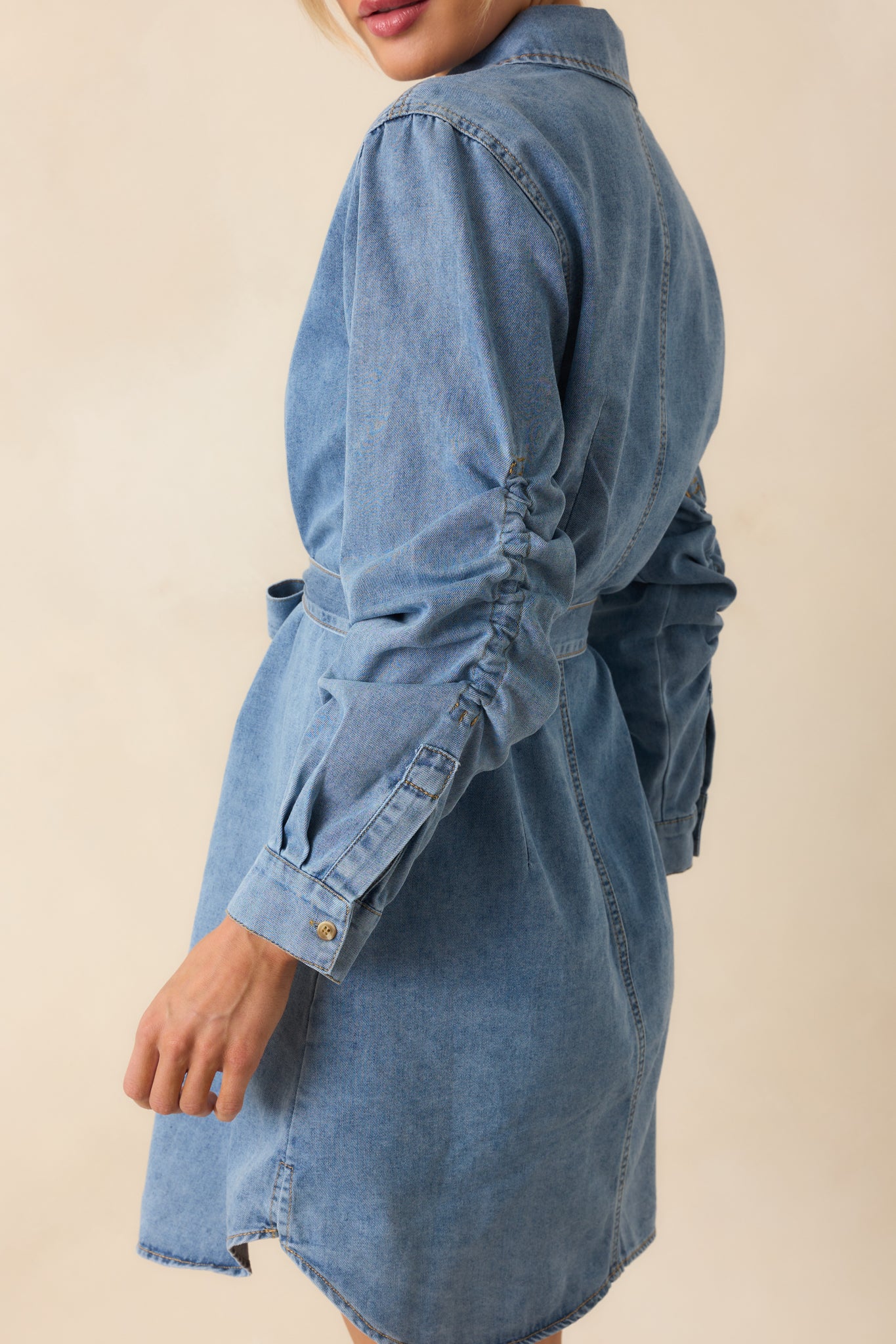 Count Me In Light Wash Cotton Denim Long Sleeve Mini Dress