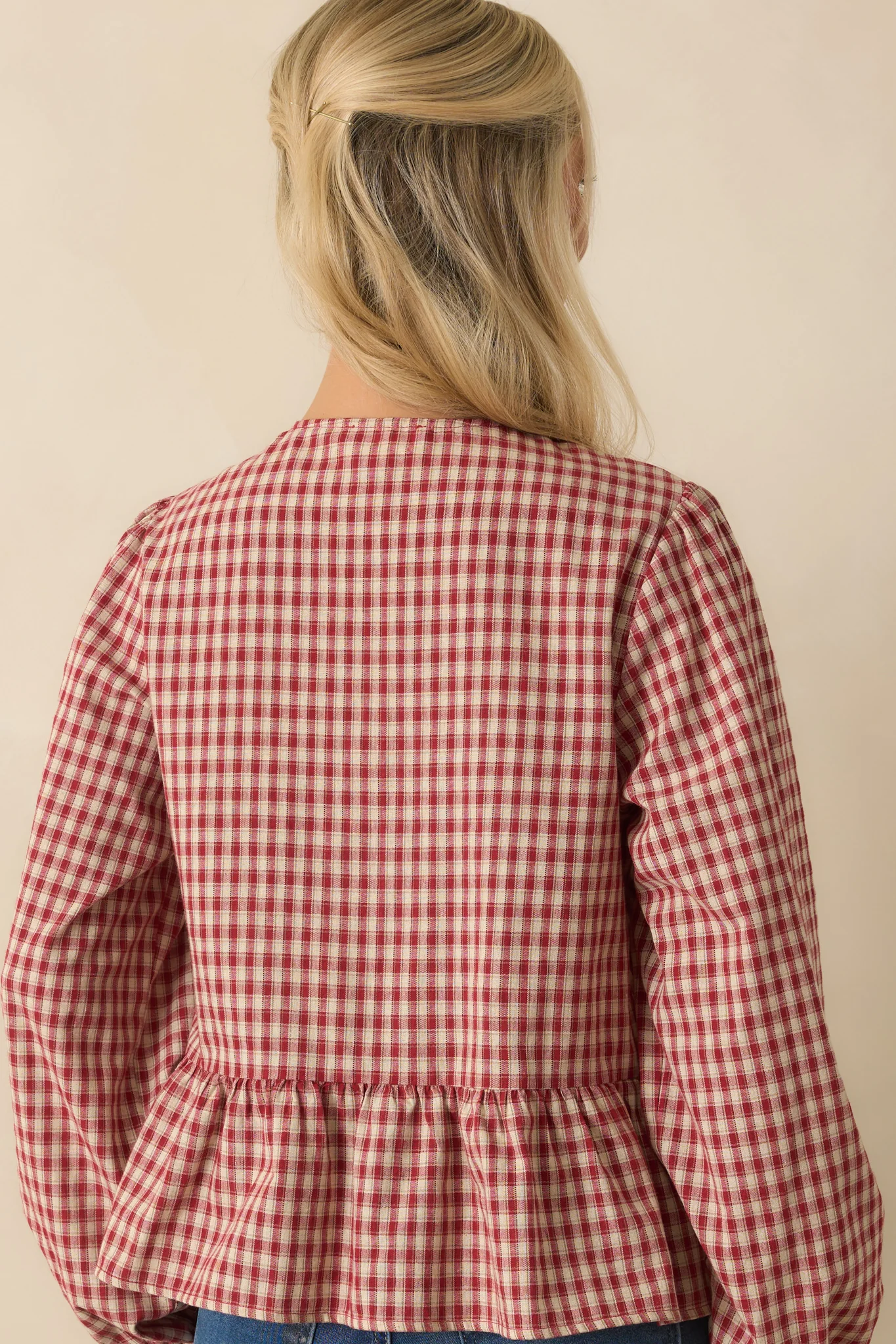 Her Own Thing Red Gingham Long Sleeve Bow Front Peplum Top