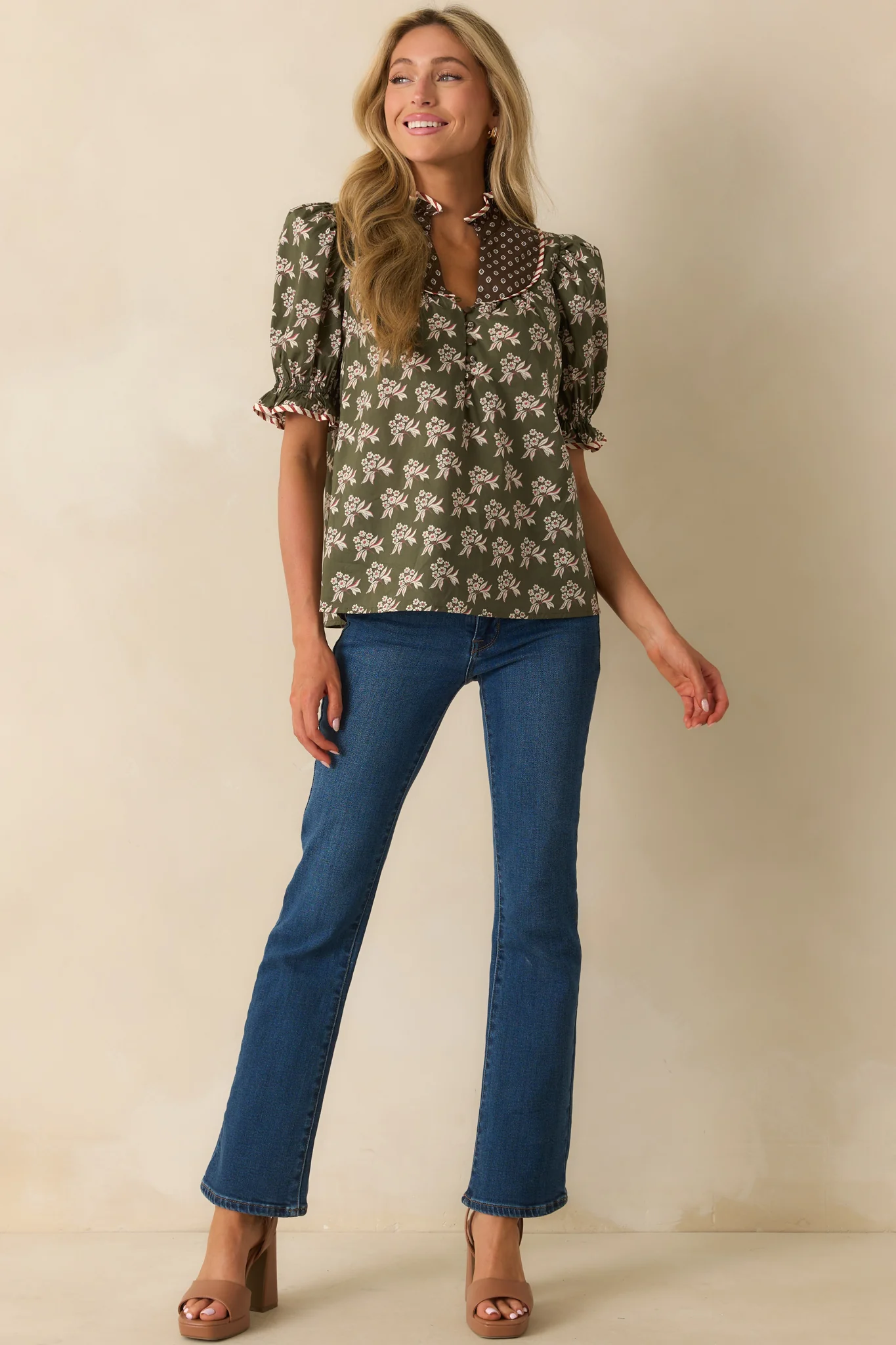 In No Time Olive Green Multi Floral Print Cotton Puff Sleeve Top