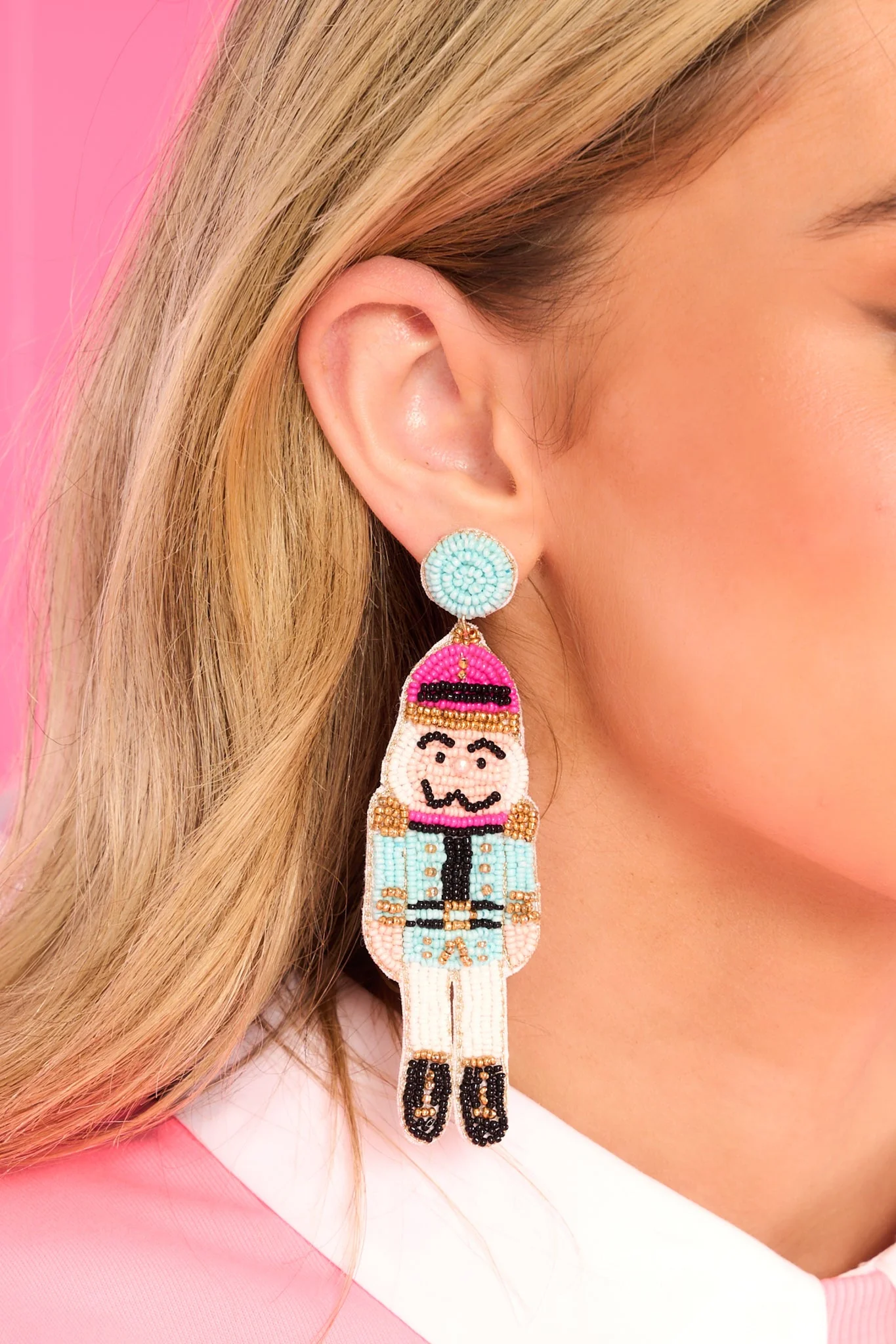 Nutcracker Statue White Beaded Earrings