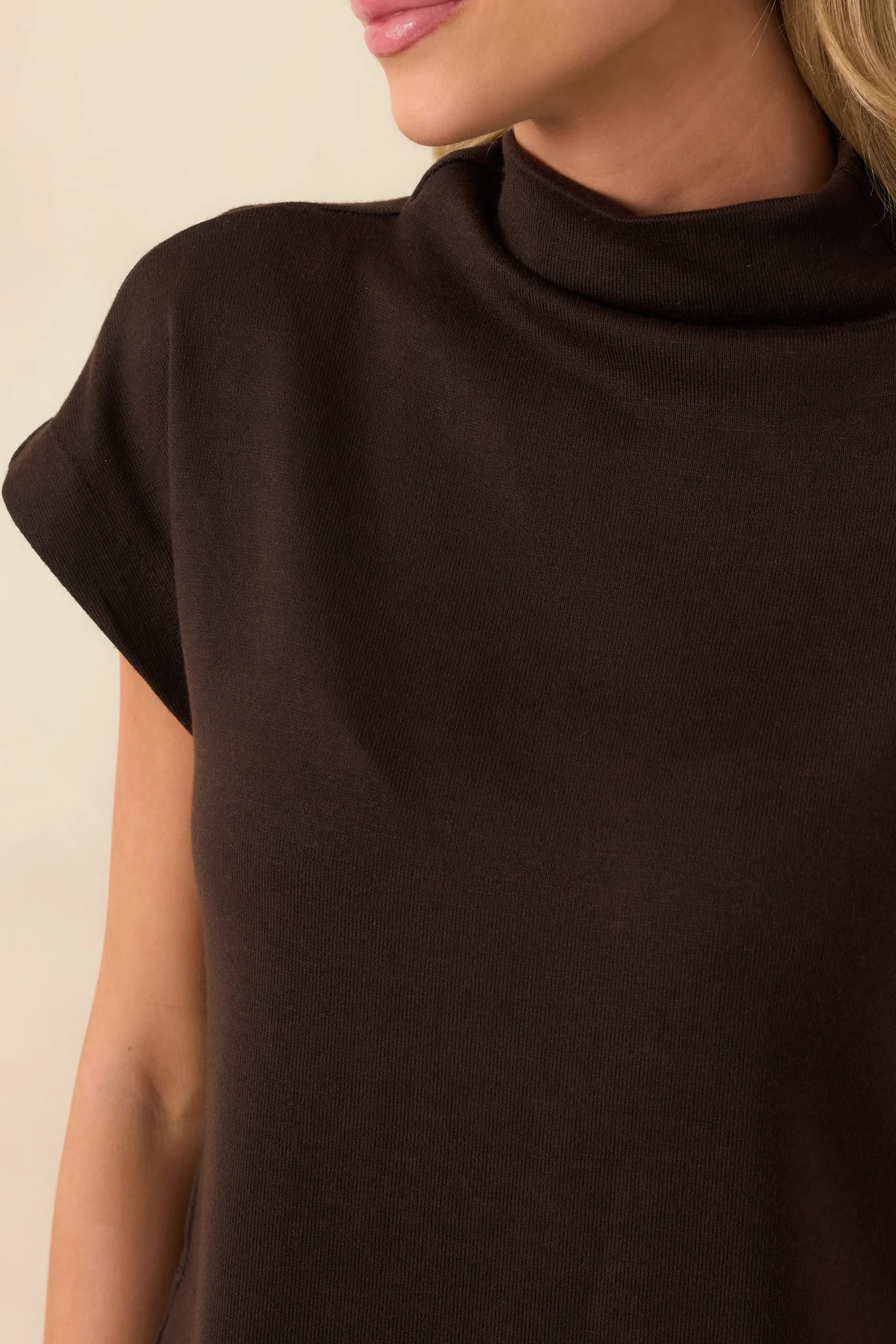 Plans Are Made Chocolate Brown Relaxed Mock Neck Cap Sleeve Top