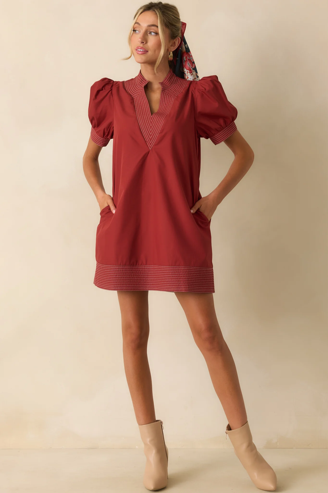 Took The Right Turn Brick Red Cotton Puff Sleeve Mini Dress
