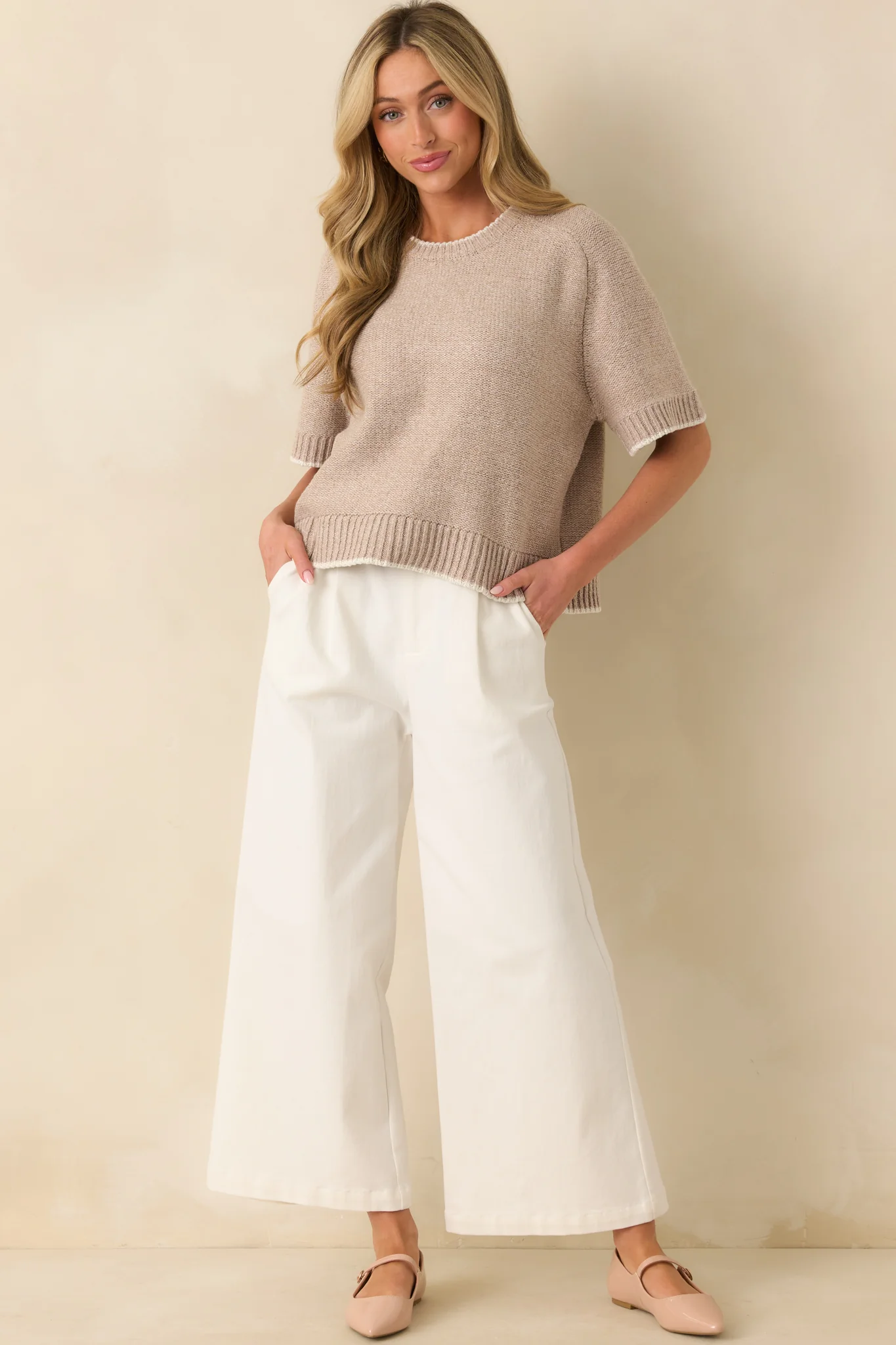 Never Looked Back Oatmeal Beige Contrast Trim Short Sleeve Sweater