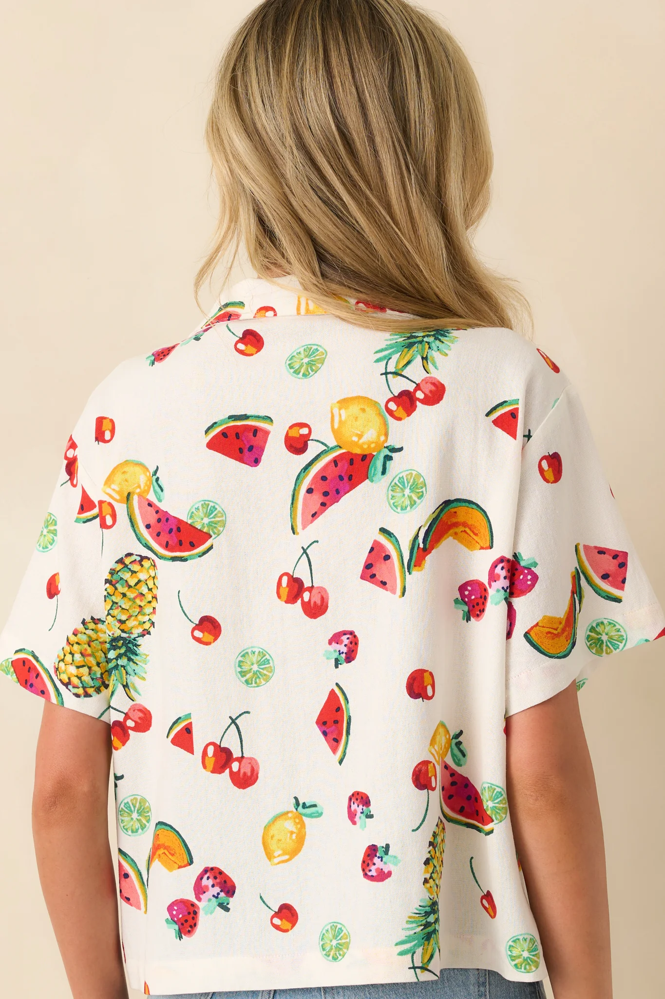 Just Like Before Ivory Multi Fruit Print Button Front Top