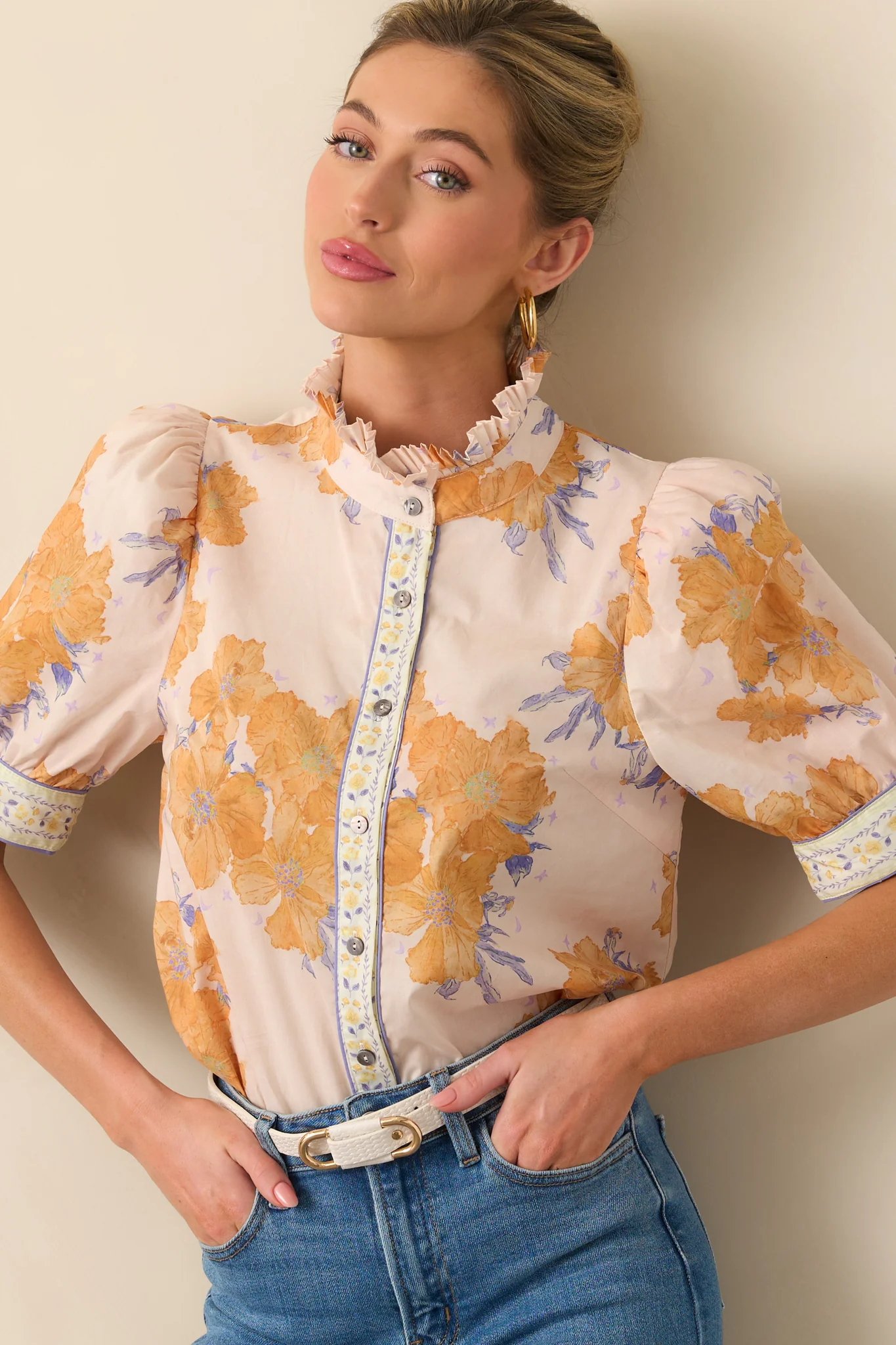 Lingering Memories Honey Yellow Floral Cotton Button Front Top