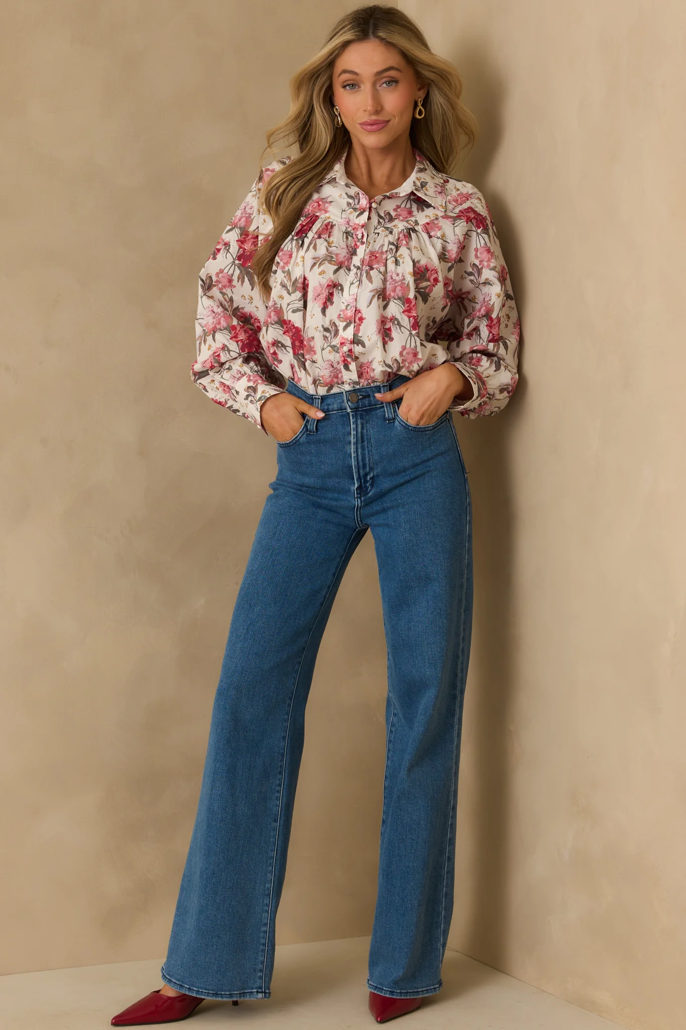 Exactly The Vibe Pink Multi Floral Print Cotton Button Front Top