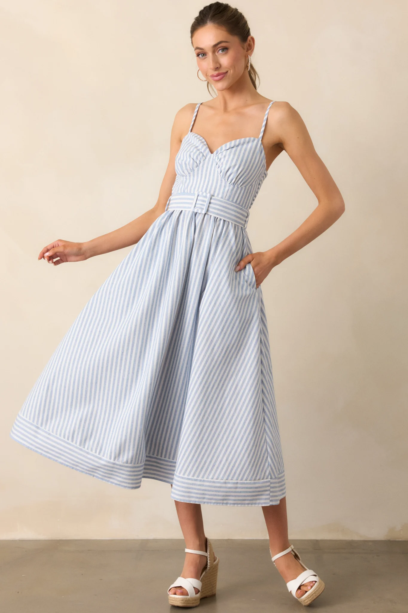 Every Little Thing Light Blue Stripe Belted Midi Dress