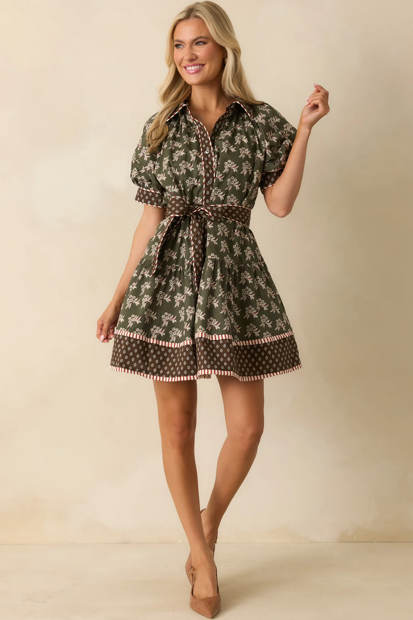 Nothing Forgotten Olive Green Multi Floral Print Cotton Mini Dress