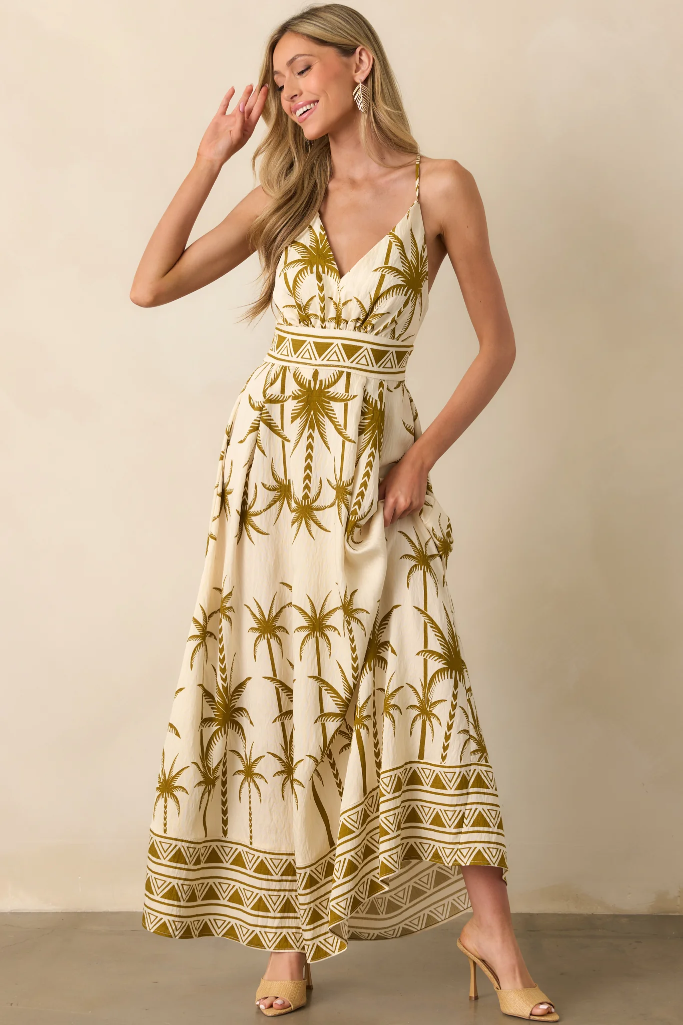 Found My Happy Place Tan Tropical Print Open Back Maxi Dress