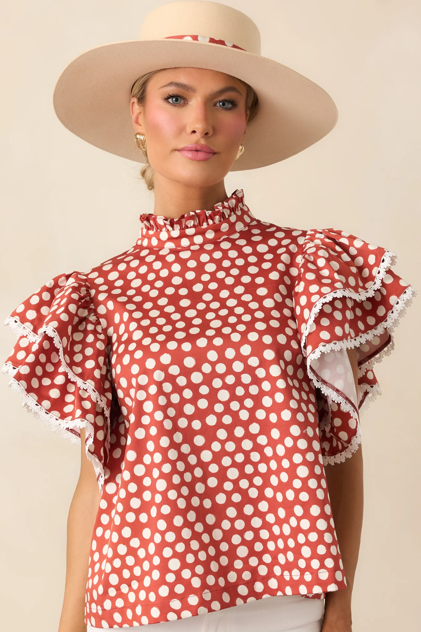 Prosperina Blair Brick Red Polka Dot Cotton Ruffle Top