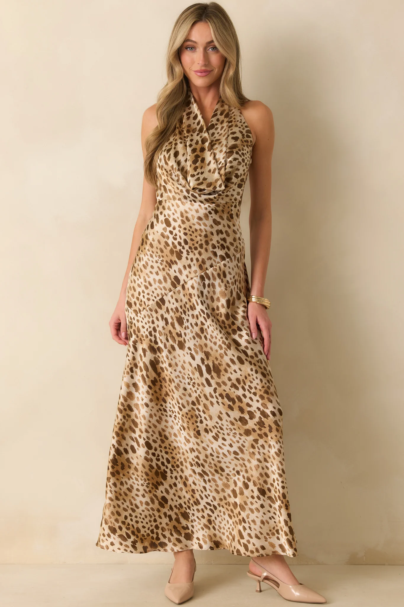In Case You Forgot Tan Leopard Print Satin Halter Maxi Dress