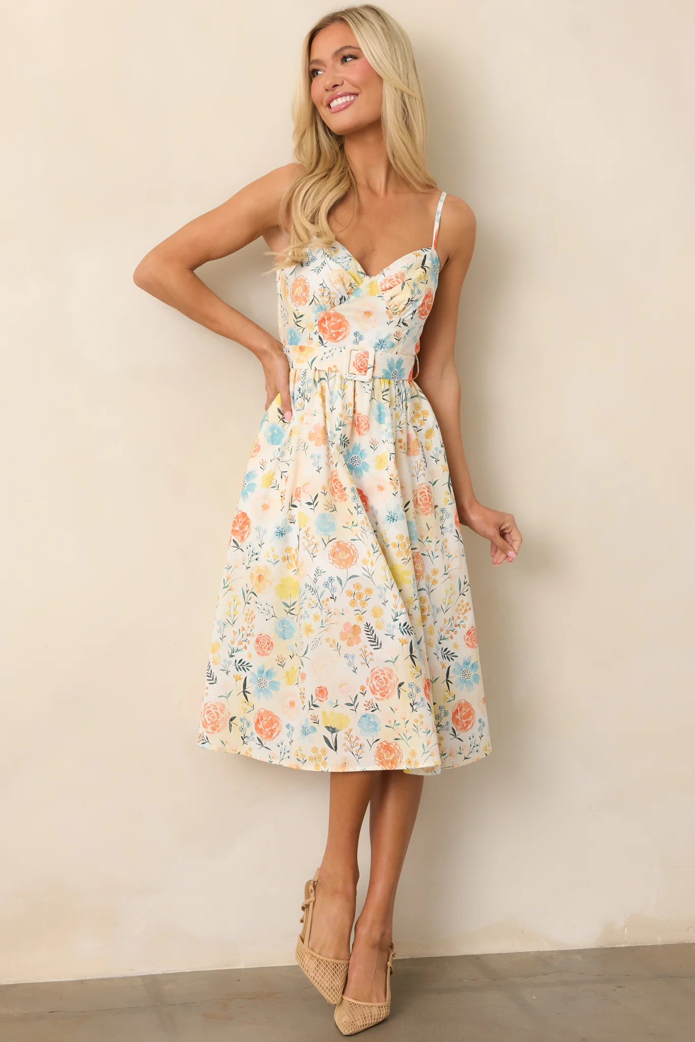 Garden Harvest Ivory Floral Belted Cotton Midi Dress
