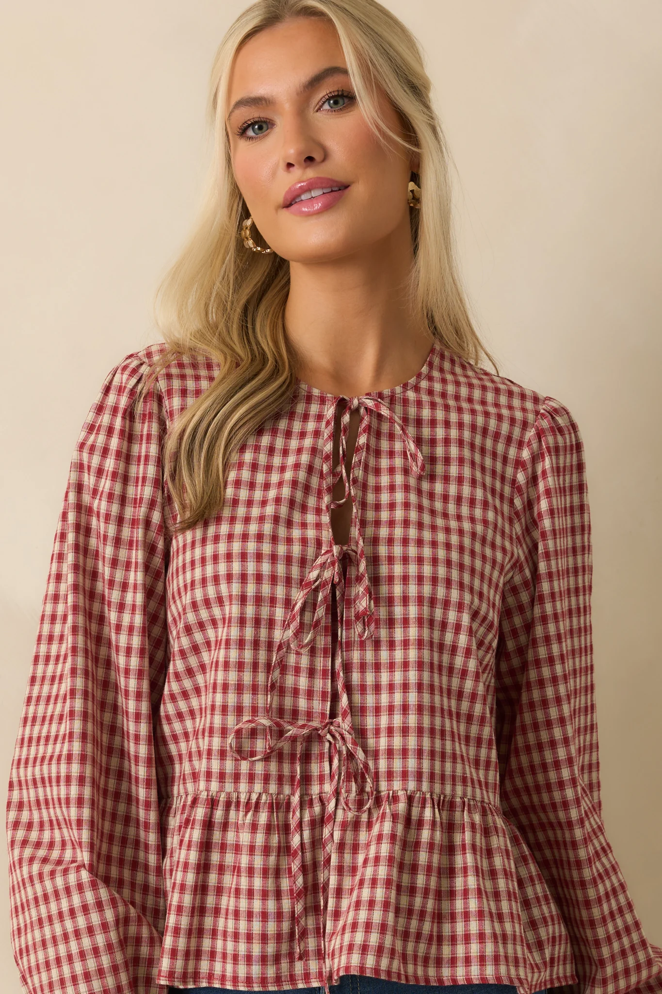 Her Own Thing Red Gingham Long Sleeve Bow Front Peplum Top