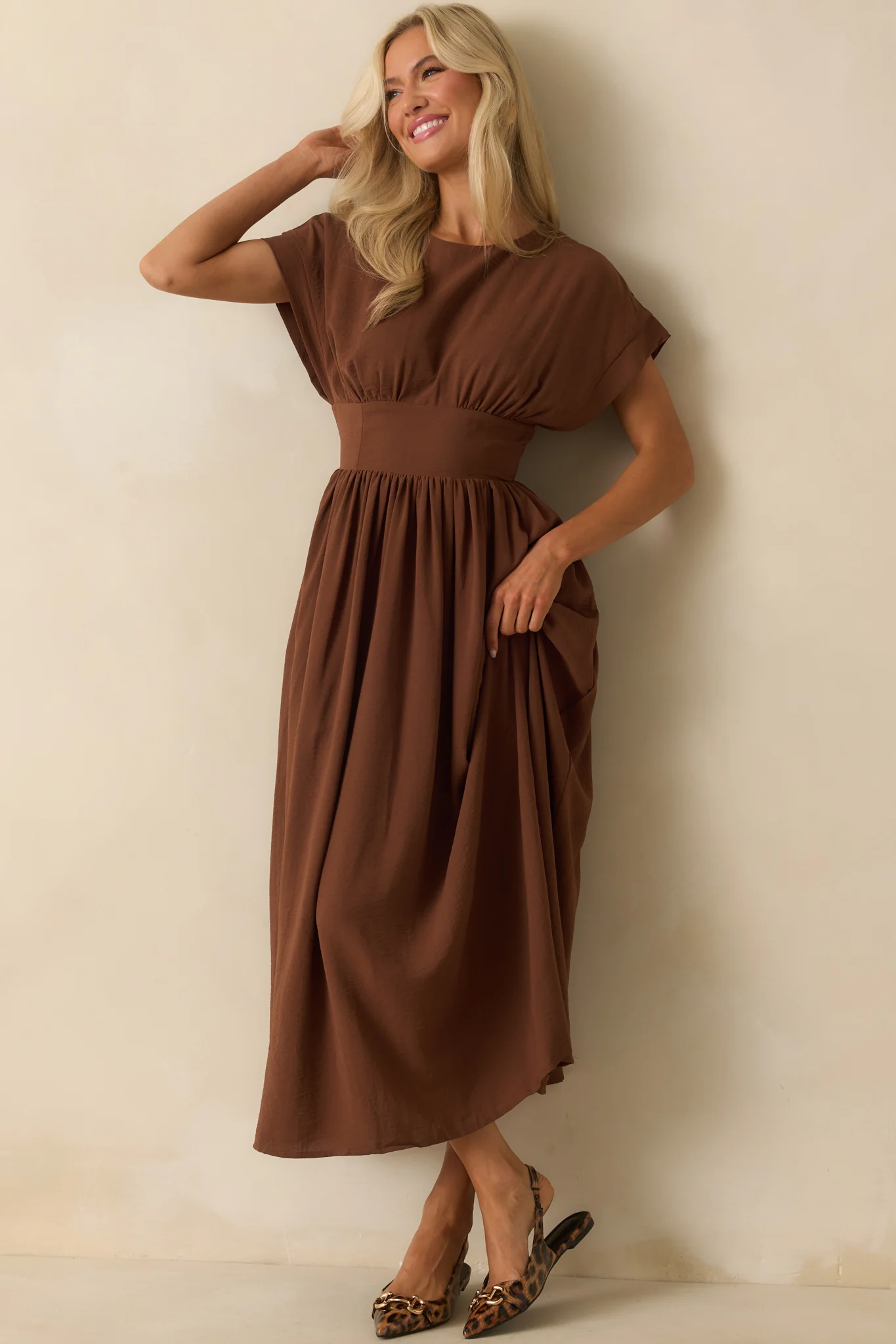 As Promised Brown Short Sleeve Cinched Waist Maxi Dress