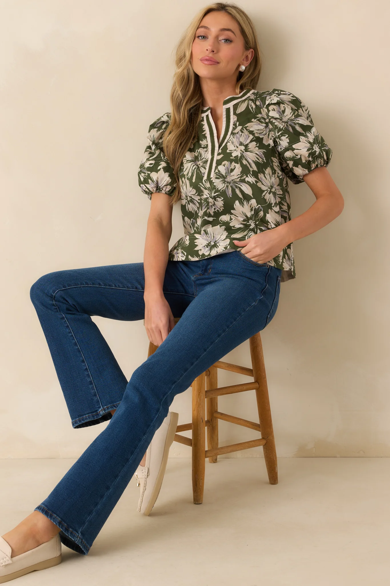 A Good Sign Olive Green Floral Print Cotton Puff Sleeve Top